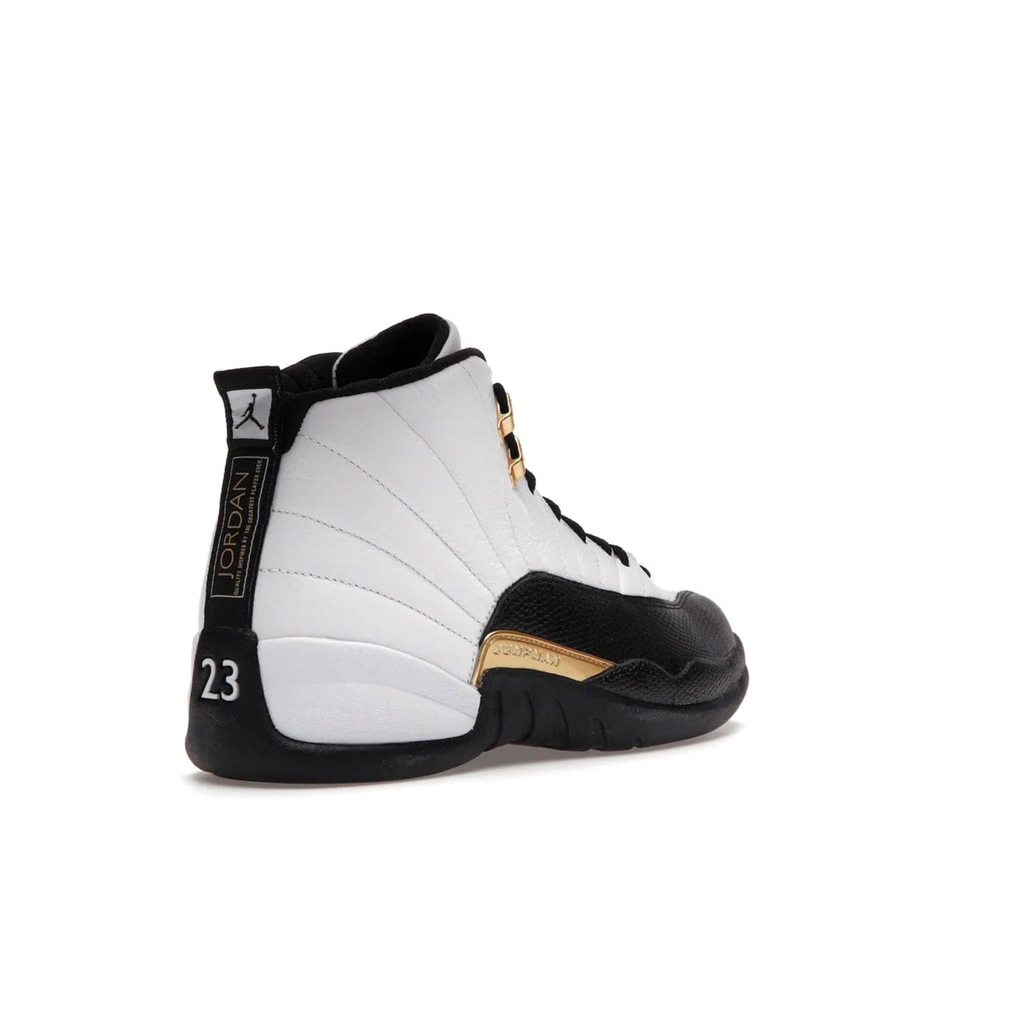 Jordan 12 Retro Royalty Taxi - Image 32 - Only at www.BallersClubKickz.com - Make a statement with the Air Jordan 12 Retro Royalty Taxi. Woven heel tag, gold plaquet, white tumbled leather upper plus a black toe wrap, make this modern take on the classic a must-have. Available in November 2021.