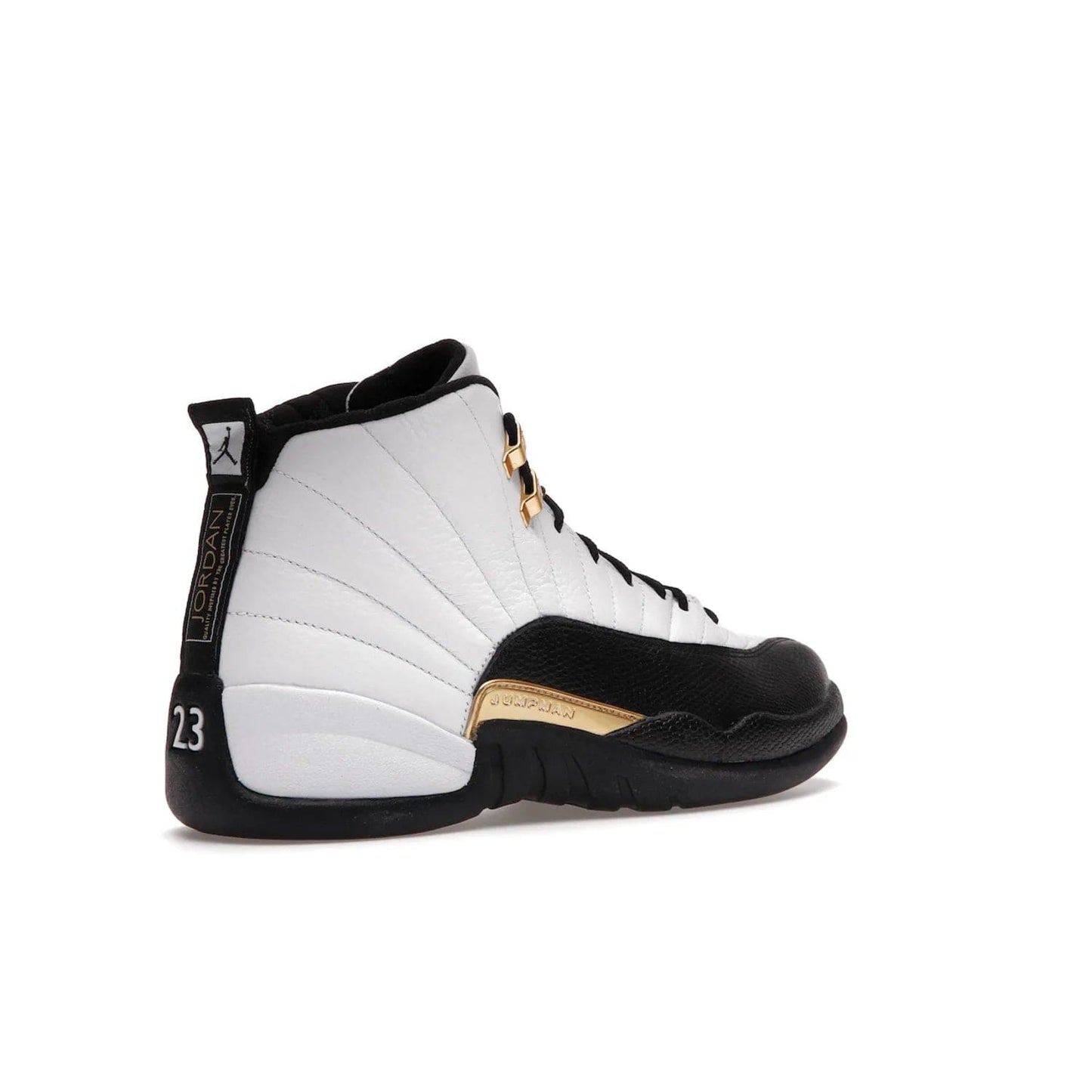 Jordan 12 Retro Royalty Taxi - Image 33 - Only at www.BallersClubKickz.com - Make a statement with the Air Jordan 12 Retro Royalty Taxi. Woven heel tag, gold plaquet, white tumbled leather upper plus a black toe wrap, make this modern take on the classic a must-have. Available in November 2021.