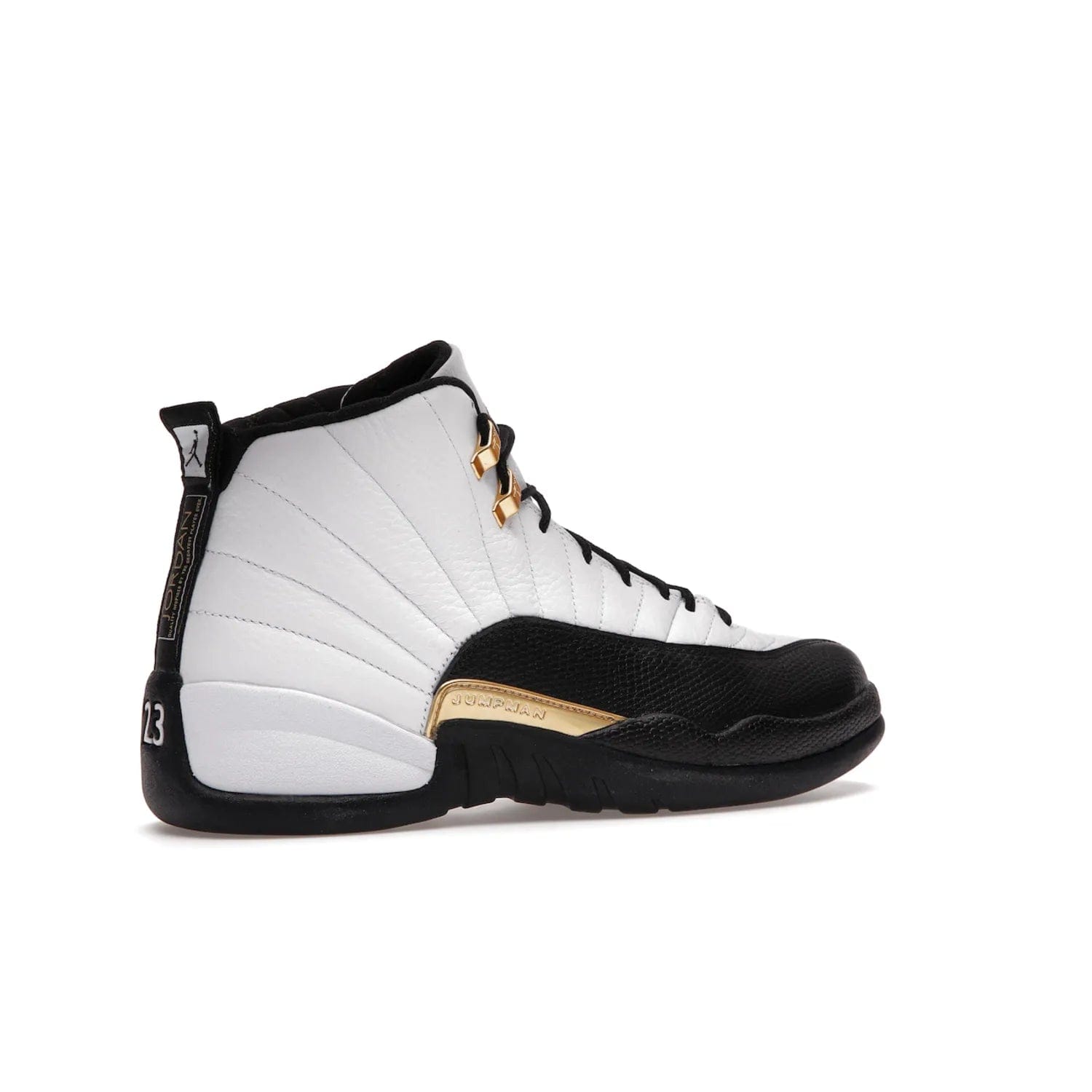 Jordan 12 Retro Royalty Taxi - Image 34 - Only at www.BallersClubKickz.com - Make a statement with the Air Jordan 12 Retro Royalty Taxi. Woven heel tag, gold plaquet, white tumbled leather upper plus a black toe wrap, make this modern take on the classic a must-have. Available in November 2021.