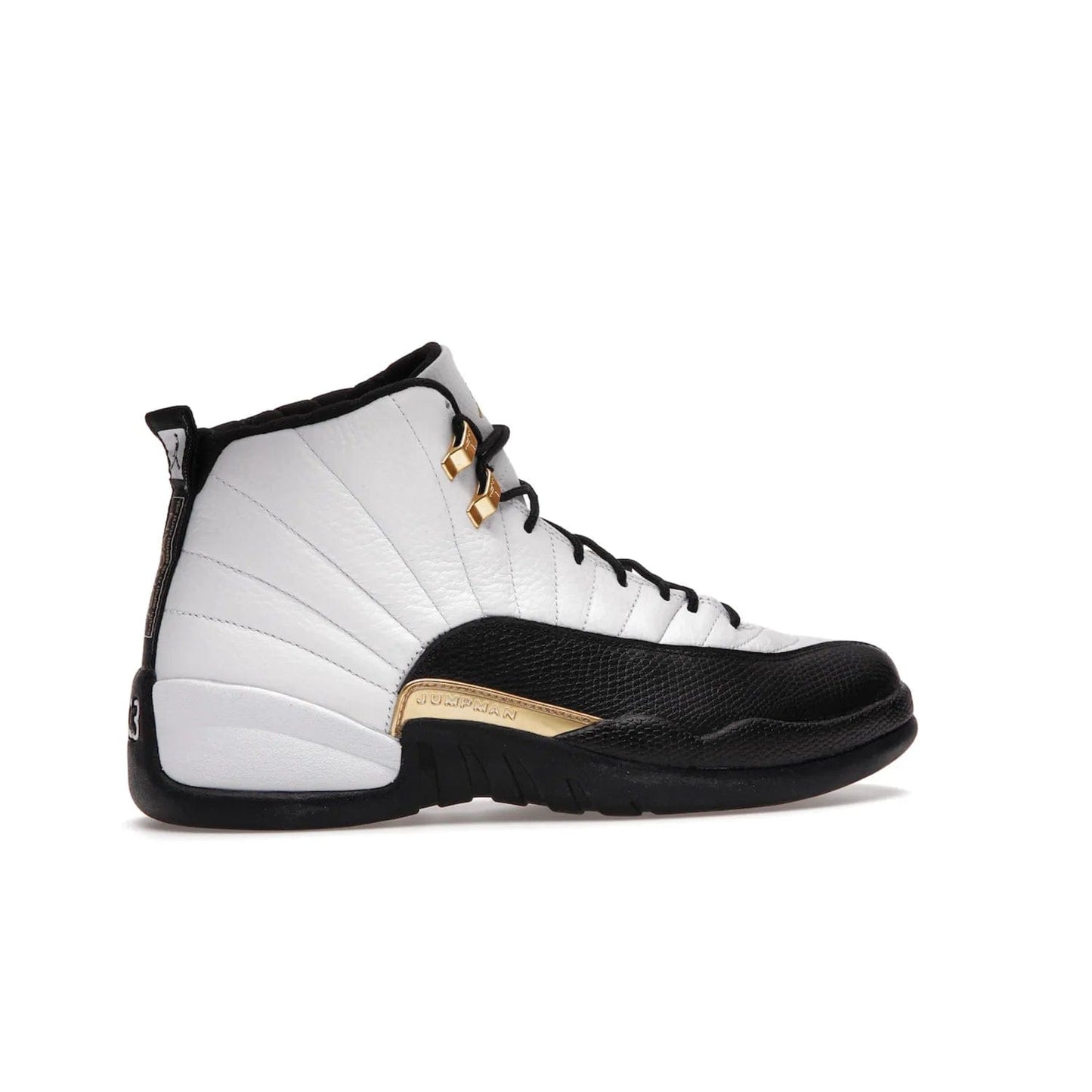 Jordan 12 Retro Royalty Taxi - Image 35 - Only at www.BallersClubKickz.com - Make a statement with the Air Jordan 12 Retro Royalty Taxi. Woven heel tag, gold plaquet, white tumbled leather upper plus a black toe wrap, make this modern take on the classic a must-have. Available in November 2021.