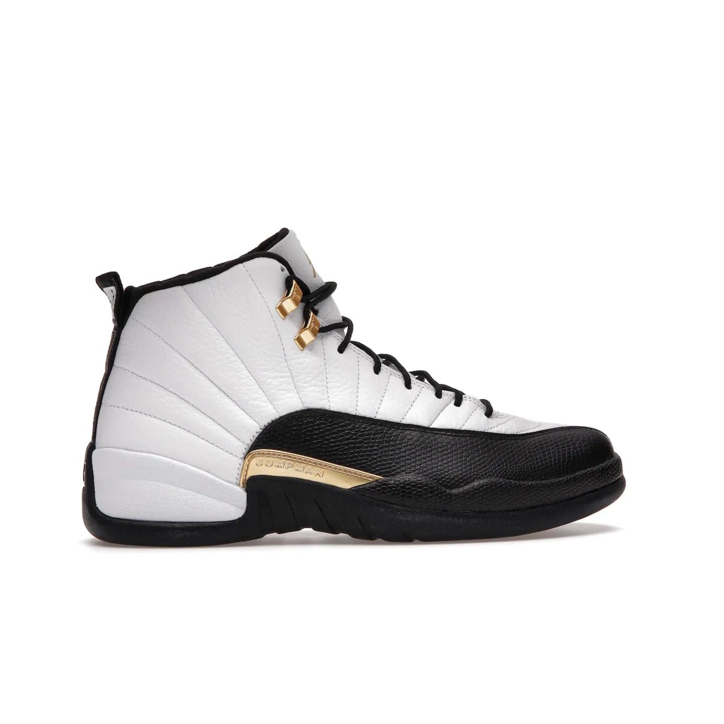 Jordan 12 Retro Royalty Taxi - Image 36 - Only at www.BallersClubKickz.com - Make a statement with the Air Jordan 12 Retro Royalty Taxi. Woven heel tag, gold plaquet, white tumbled leather upper plus a black toe wrap, make this modern take on the classic a must-have. Available in November 2021.