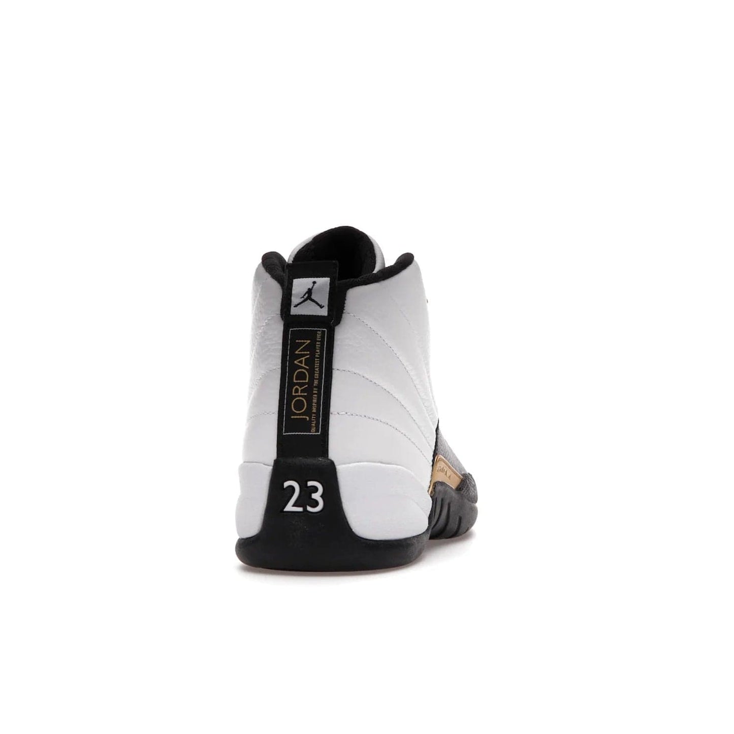 Jordan 12 Retro Royalty Taxi - Image 29 - Only at www.BallersClubKickz.com - Make a statement with the Air Jordan 12 Retro Royalty Taxi. Woven heel tag, gold plaquet, white tumbled leather upper plus a black toe wrap, make this modern take on the classic a must-have. Available in November 2021.