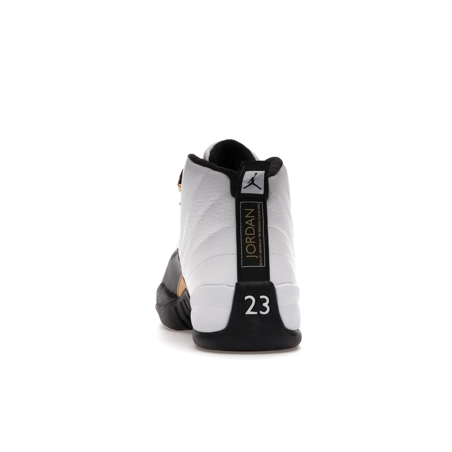 Jordan 12 Retro Royalty Taxi - Image 27 - Only at www.BallersClubKickz.com - Make a statement with the Air Jordan 12 Retro Royalty Taxi. Woven heel tag, gold plaquet, white tumbled leather upper plus a black toe wrap, make this modern take on the classic a must-have. Available in November 2021.