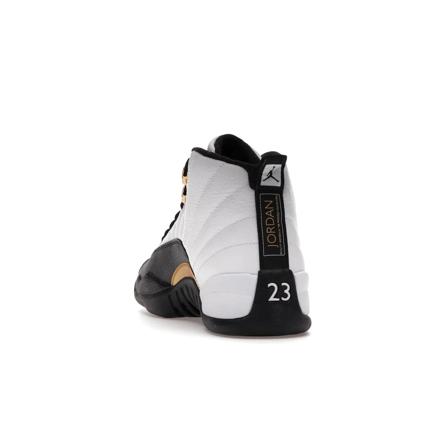 Jordan 12 Retro Royalty Taxi - Image 26 - Only at www.BallersClubKickz.com - Make a statement with the Air Jordan 12 Retro Royalty Taxi. Woven heel tag, gold plaquet, white tumbled leather upper plus a black toe wrap, make this modern take on the classic a must-have. Available in November 2021.