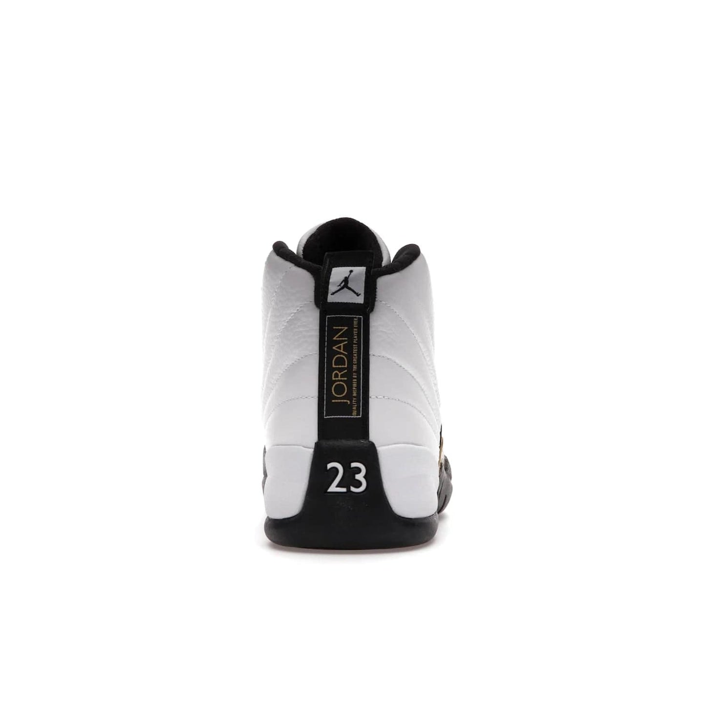 Jordan 12 Retro Royalty Taxi - Image 28 - Only at www.BallersClubKickz.com - Make a statement with the Air Jordan 12 Retro Royalty Taxi. Woven heel tag, gold plaquet, white tumbled leather upper plus a black toe wrap, make this modern take on the classic a must-have. Available in November 2021.