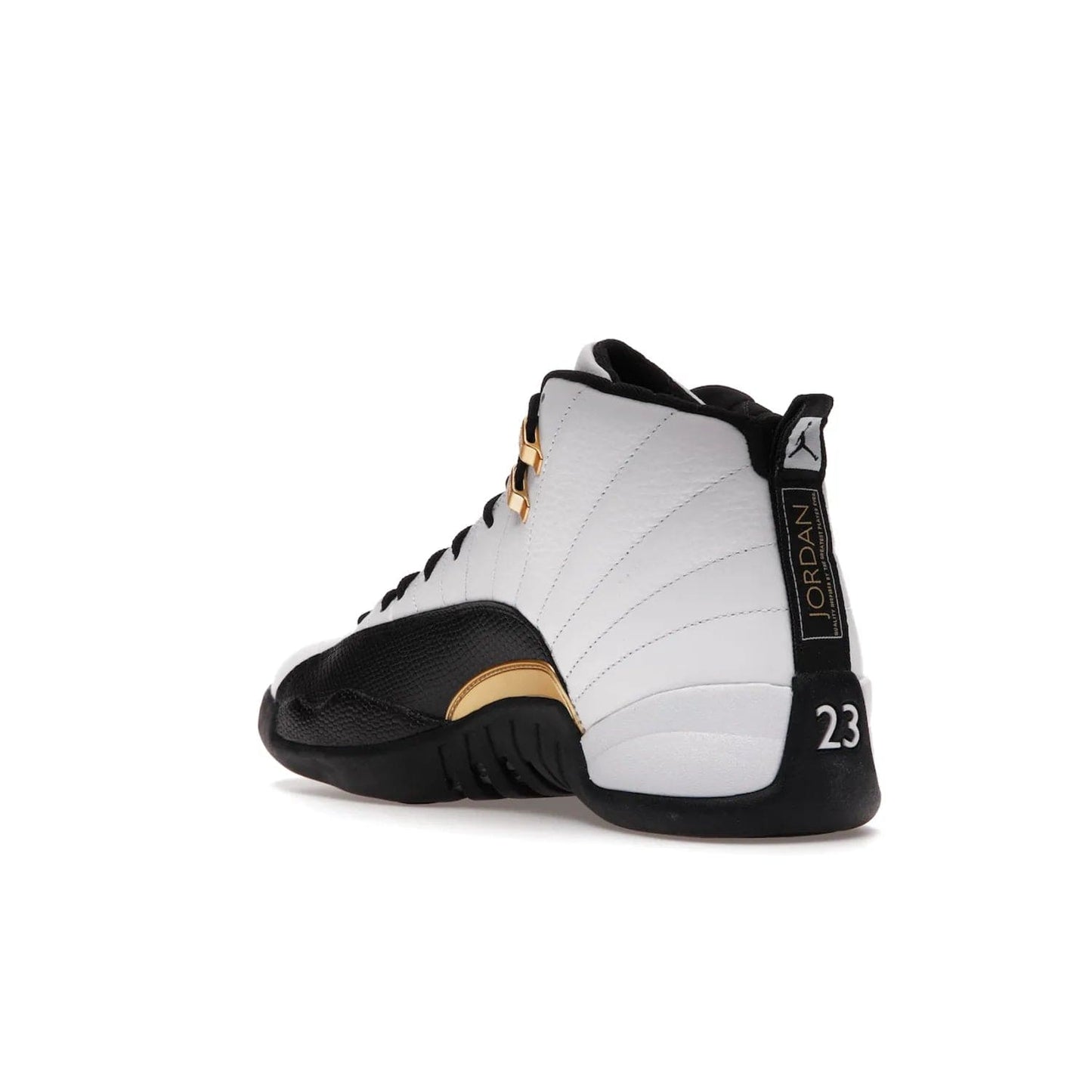 Jordan 12 Retro Royalty Taxi - Image 24 - Only at www.BallersClubKickz.com - Make a statement with the Air Jordan 12 Retro Royalty Taxi. Woven heel tag, gold plaquet, white tumbled leather upper plus a black toe wrap, make this modern take on the classic a must-have. Available in November 2021.