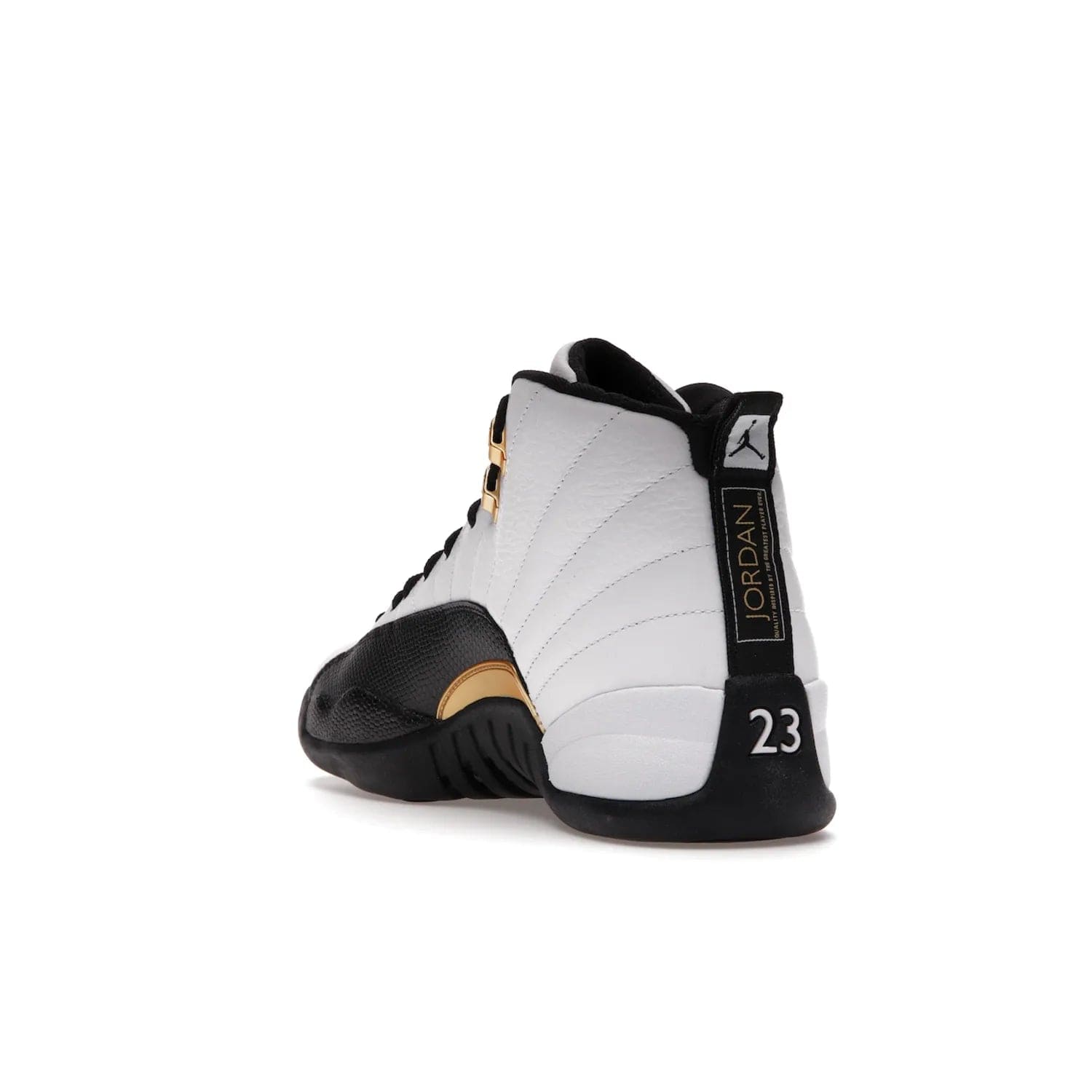 Jordan 12 Retro Royalty Taxi - Image 25 - Only at www.BallersClubKickz.com - Make a statement with the Air Jordan 12 Retro Royalty Taxi. Woven heel tag, gold plaquet, white tumbled leather upper plus a black toe wrap, make this modern take on the classic a must-have. Available in November 2021.