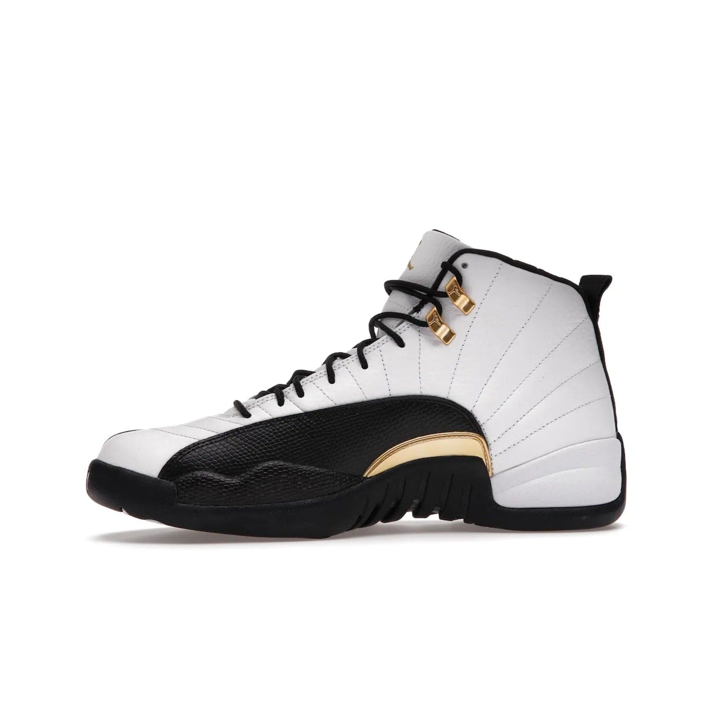 Jordan 12 Retro Royalty Taxi - Image 18 - Only at www.BallersClubKickz.com - Make a statement with the Air Jordan 12 Retro Royalty Taxi. Woven heel tag, gold plaquet, white tumbled leather upper plus a black toe wrap, make this modern take on the classic a must-have. Available in November 2021.