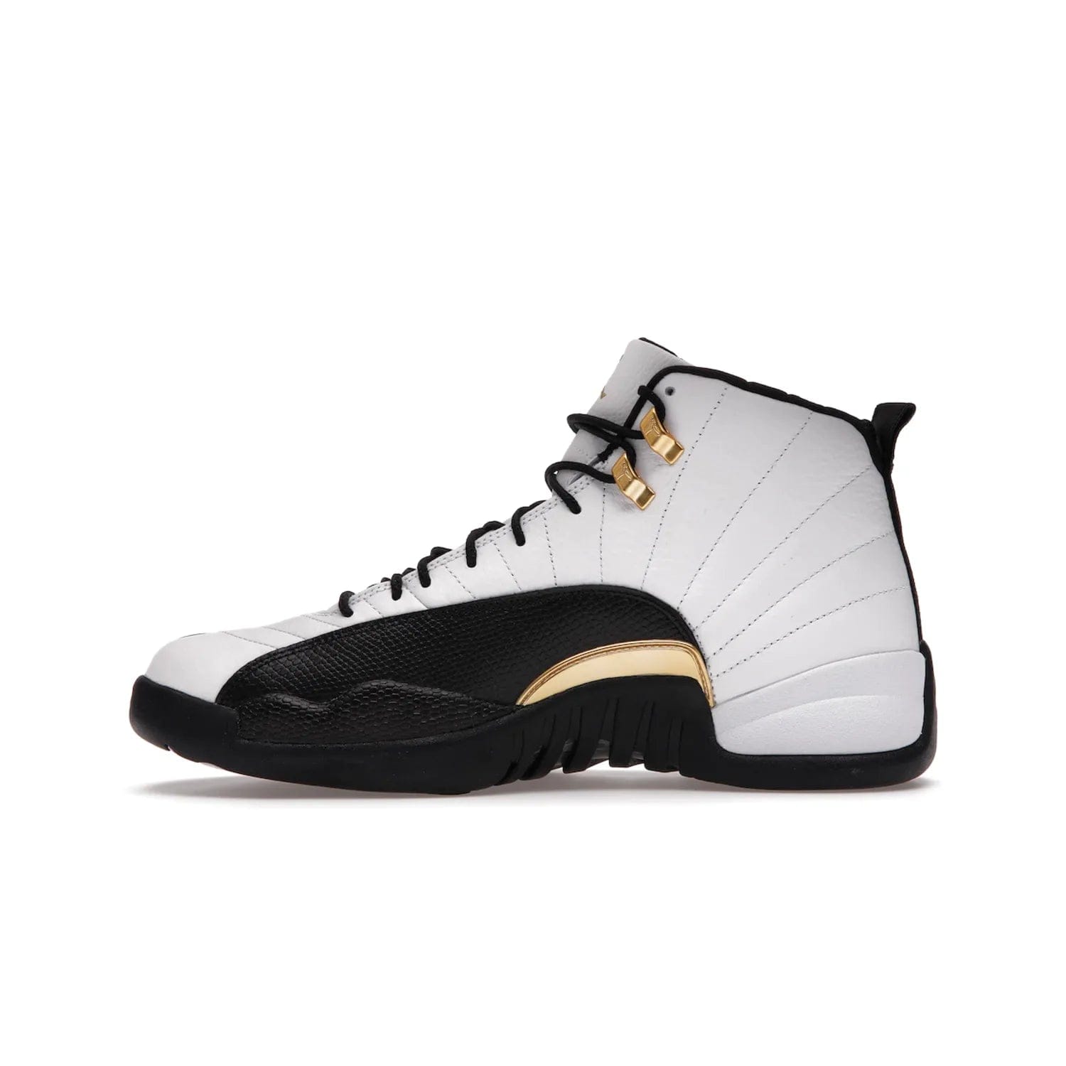 Jordan 12 Retro Royalty Taxi - Image 19 - Only at www.BallersClubKickz.com - Make a statement with the Air Jordan 12 Retro Royalty Taxi. Woven heel tag, gold plaquet, white tumbled leather upper plus a black toe wrap, make this modern take on the classic a must-have. Available in November 2021.