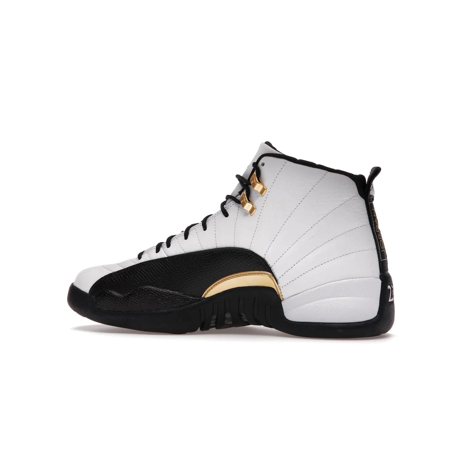 Jordan 12 Retro Royalty Taxi - Image 21 - Only at www.BallersClubKickz.com - Make a statement with the Air Jordan 12 Retro Royalty Taxi. Woven heel tag, gold plaquet, white tumbled leather upper plus a black toe wrap, make this modern take on the classic a must-have. Available in November 2021.