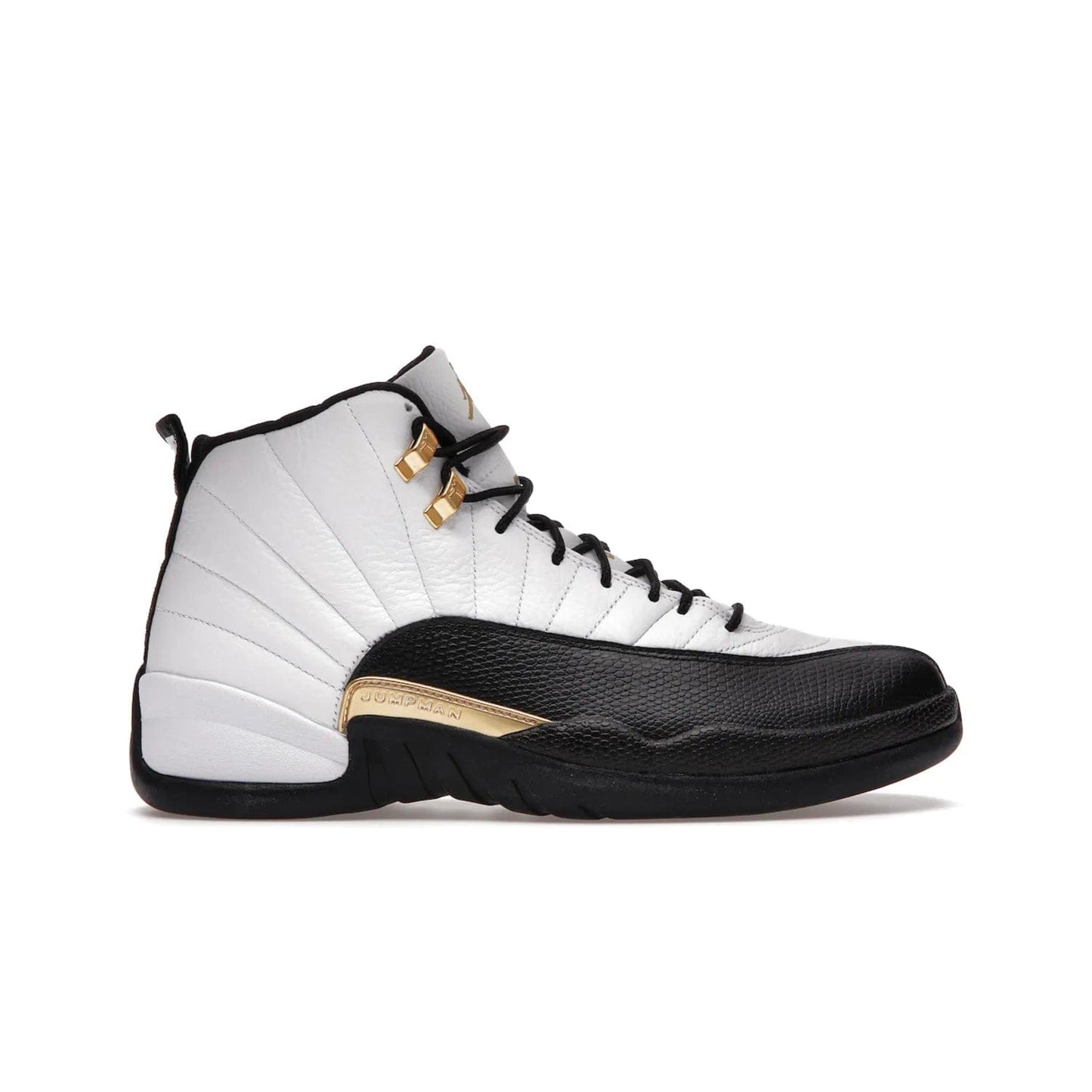 Jordan 12 Retro Royalty Taxi - Image 1 - Only at www.BallersClubKickz.com - Make a statement with the Air Jordan 12 Retro Royalty Taxi. Woven heel tag, gold plaquet, white tumbled leather upper plus a black toe wrap, make this modern take on the classic a must-have. Available in November 2021.