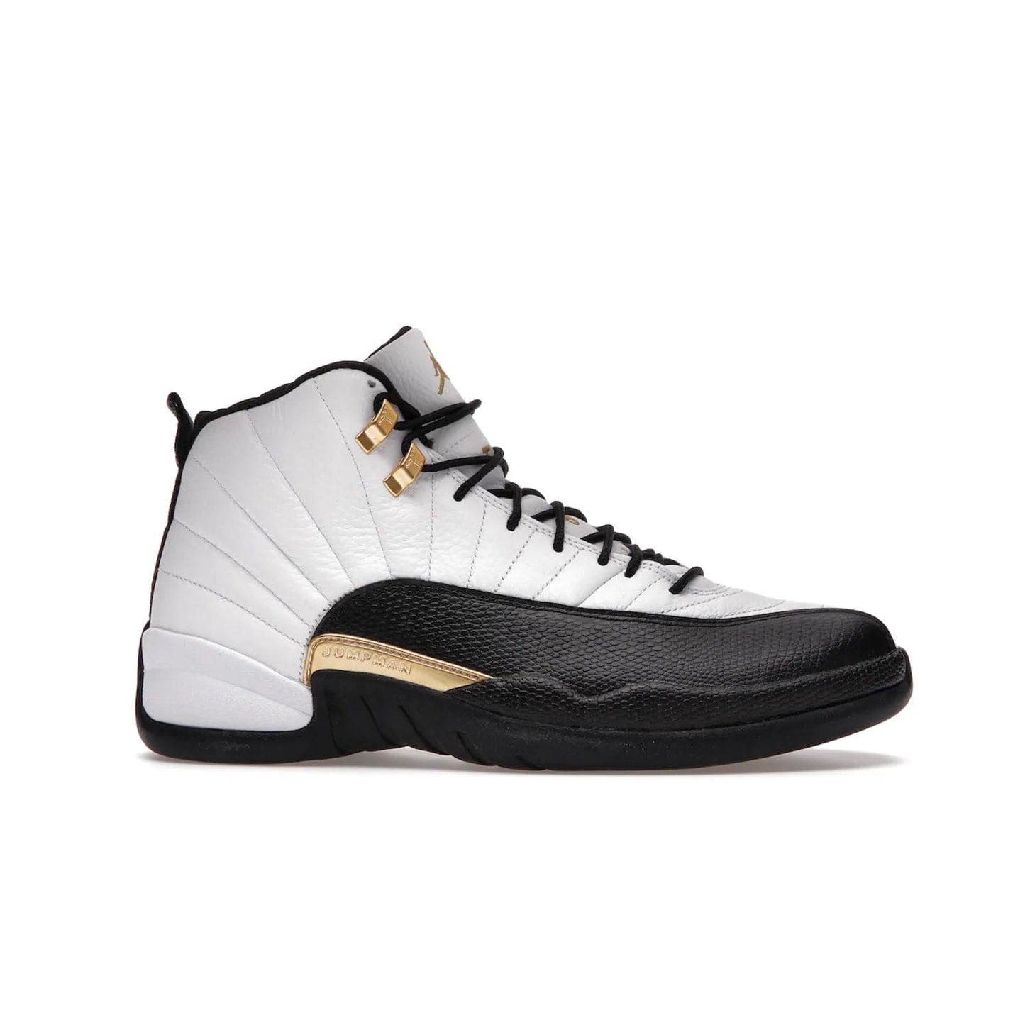 Jordan 12 Retro Royalty Taxi - Image 2 - Only at www.BallersClubKickz.com - Make a statement with the Air Jordan 12 Retro Royalty Taxi. Woven heel tag, gold plaquet, white tumbled leather upper plus a black toe wrap, make this modern take on the classic a must-have. Available in November 2021.