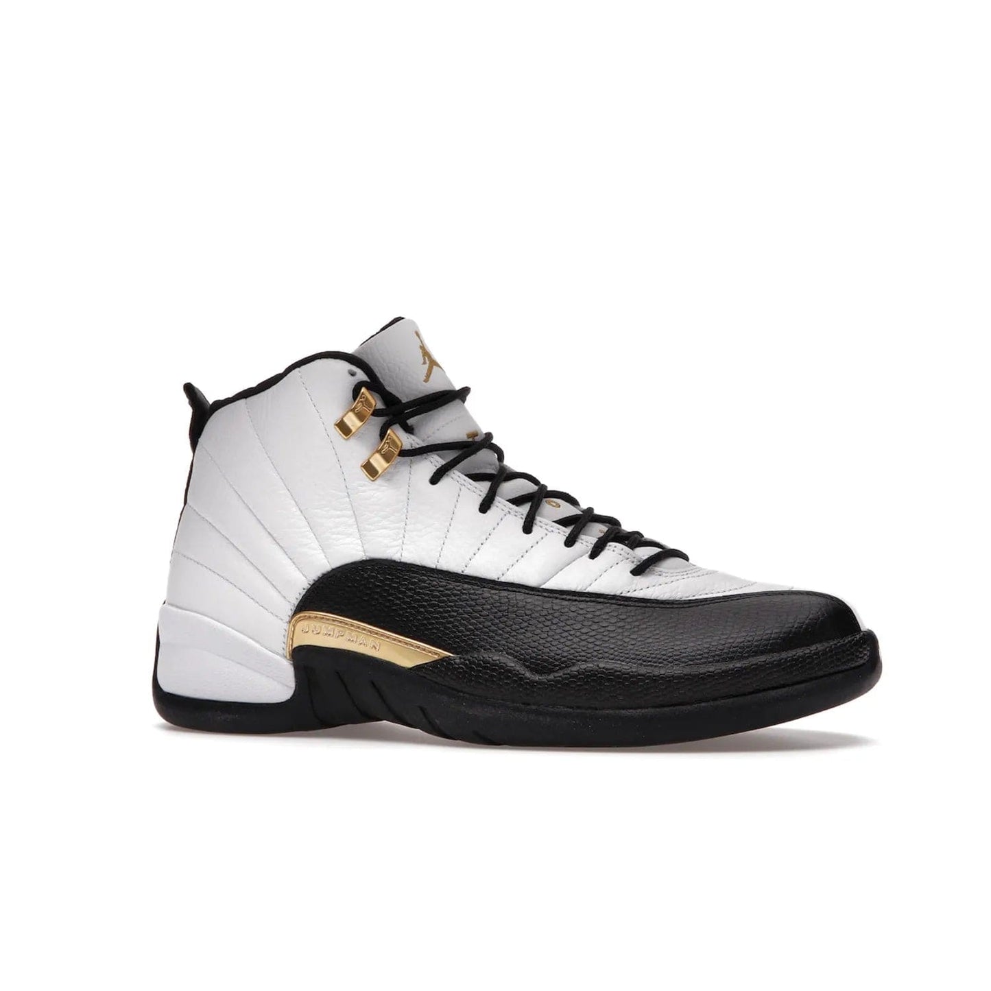 Jordan 12 Retro Royalty Taxi - Image 3 - Only at www.BallersClubKickz.com - Make a statement with the Air Jordan 12 Retro Royalty Taxi. Woven heel tag, gold plaquet, white tumbled leather upper plus a black toe wrap, make this modern take on the classic a must-have. Available in November 2021.