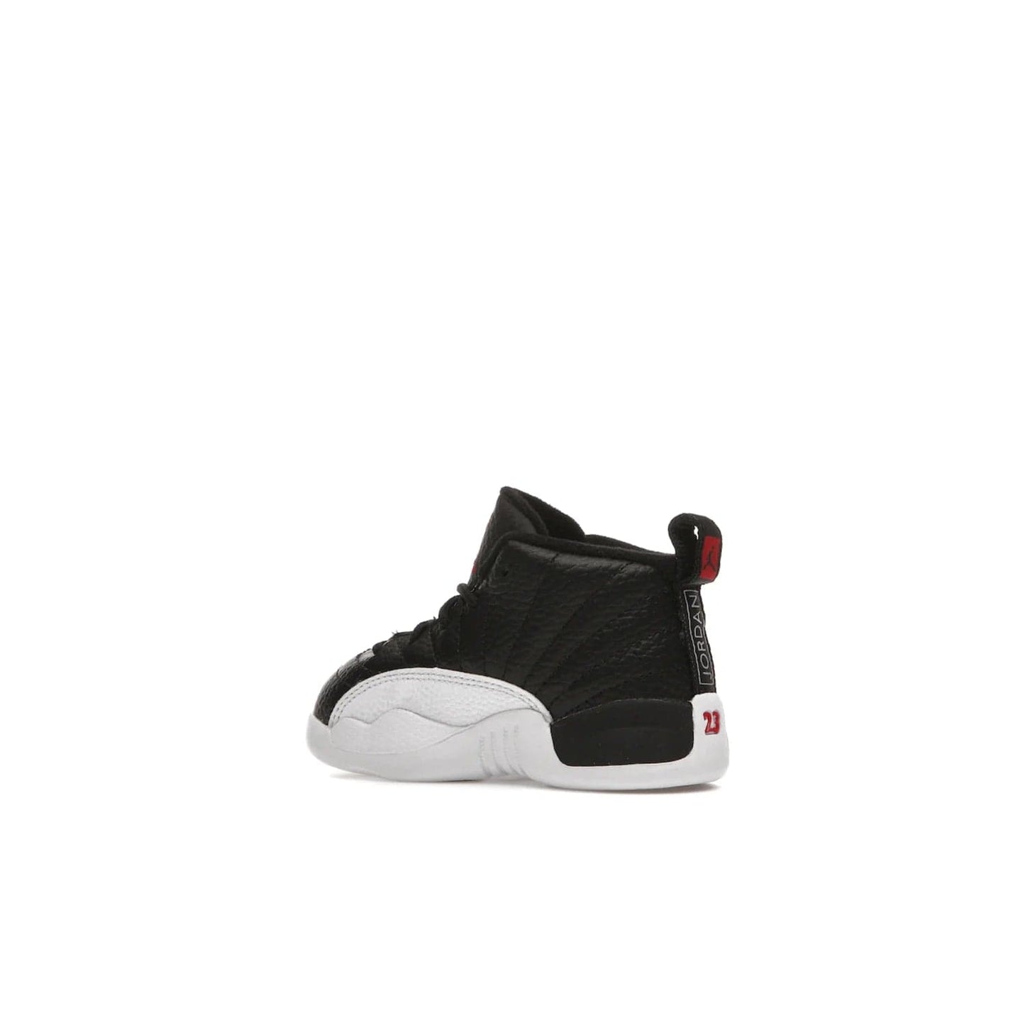 Jordan 12 Retro Playoffs (2022) (TD) - Image 22 - Only at www.BallersClubKickz.com - Stay stylish with the Air Jordan 12 Retro Playoffs 2022 (TD) toddler shoe. All-black upper with red and white accents plus subtle gold details. Bright white midsole and sole. Perfect for any outing or special event.