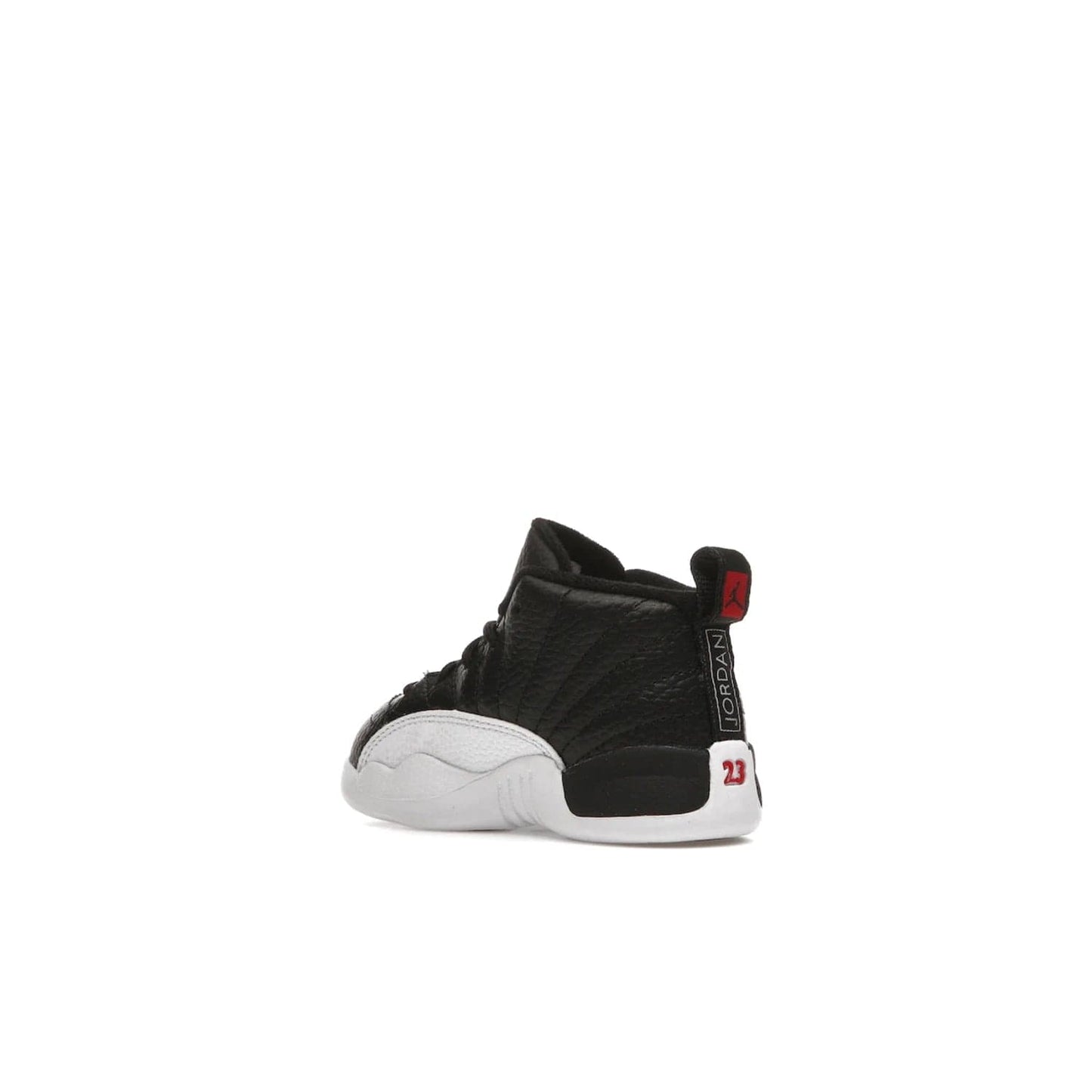 Jordan 12 Retro Playoffs (2022) (TD) - Image 23 - Only at www.BallersClubKickz.com - Stay stylish with the Air Jordan 12 Retro Playoffs 2022 (TD) toddler shoe. All-black upper with red and white accents plus subtle gold details. Bright white midsole and sole. Perfect for any outing or special event.