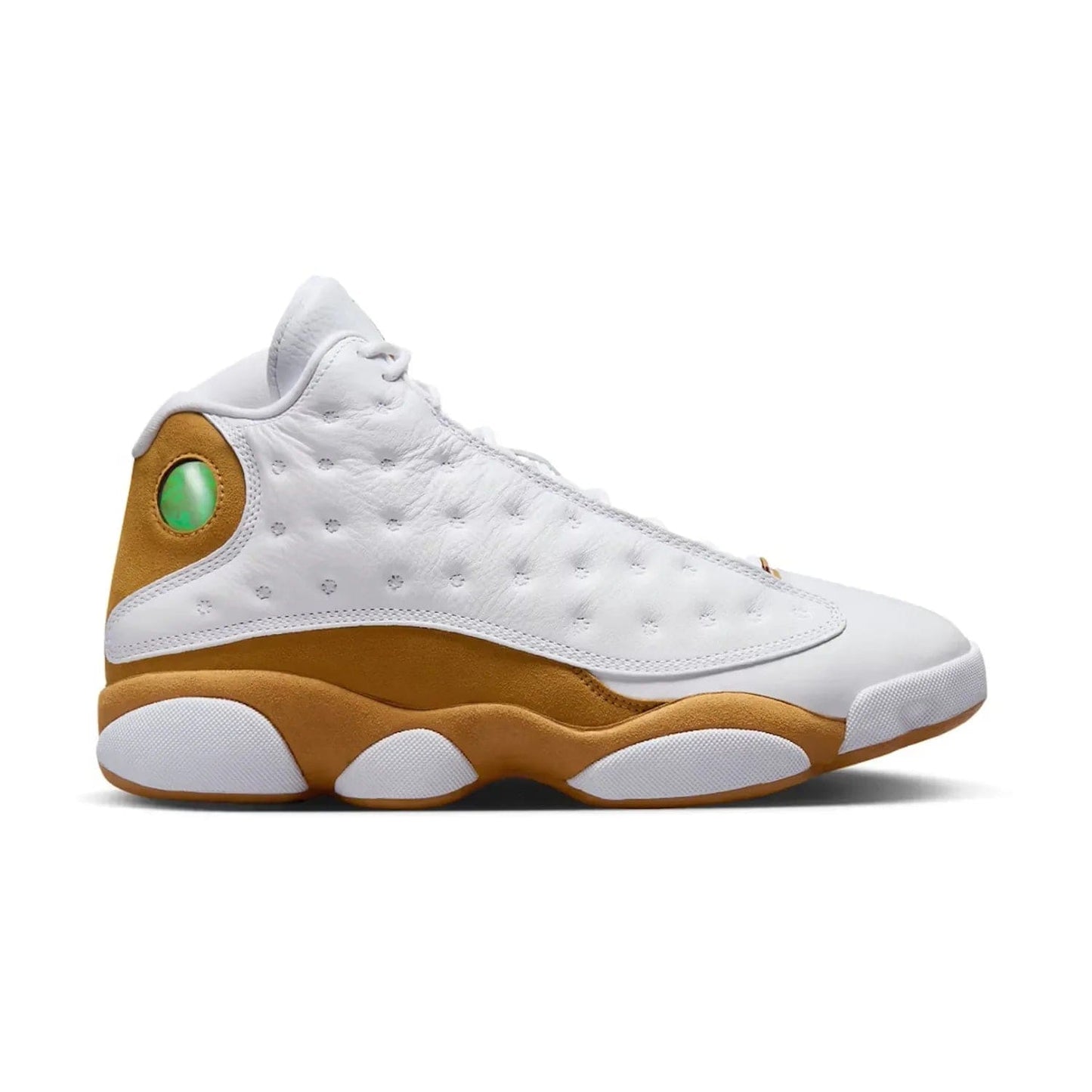 Jordan 13 Retro Wheat (2023) - Image 1 - Only at www.BallersClubKickz.com - Stay ahead of the game with the Jordan 13 Retro "Wheat", the 2023 edition of the iconic silhouette. Tumbled leather uppers in crisp white, nubuck wheat tone overlays, signature holograms, and Jumpman logo. Secure a piece of Jordan history. Out November 21, 2023.