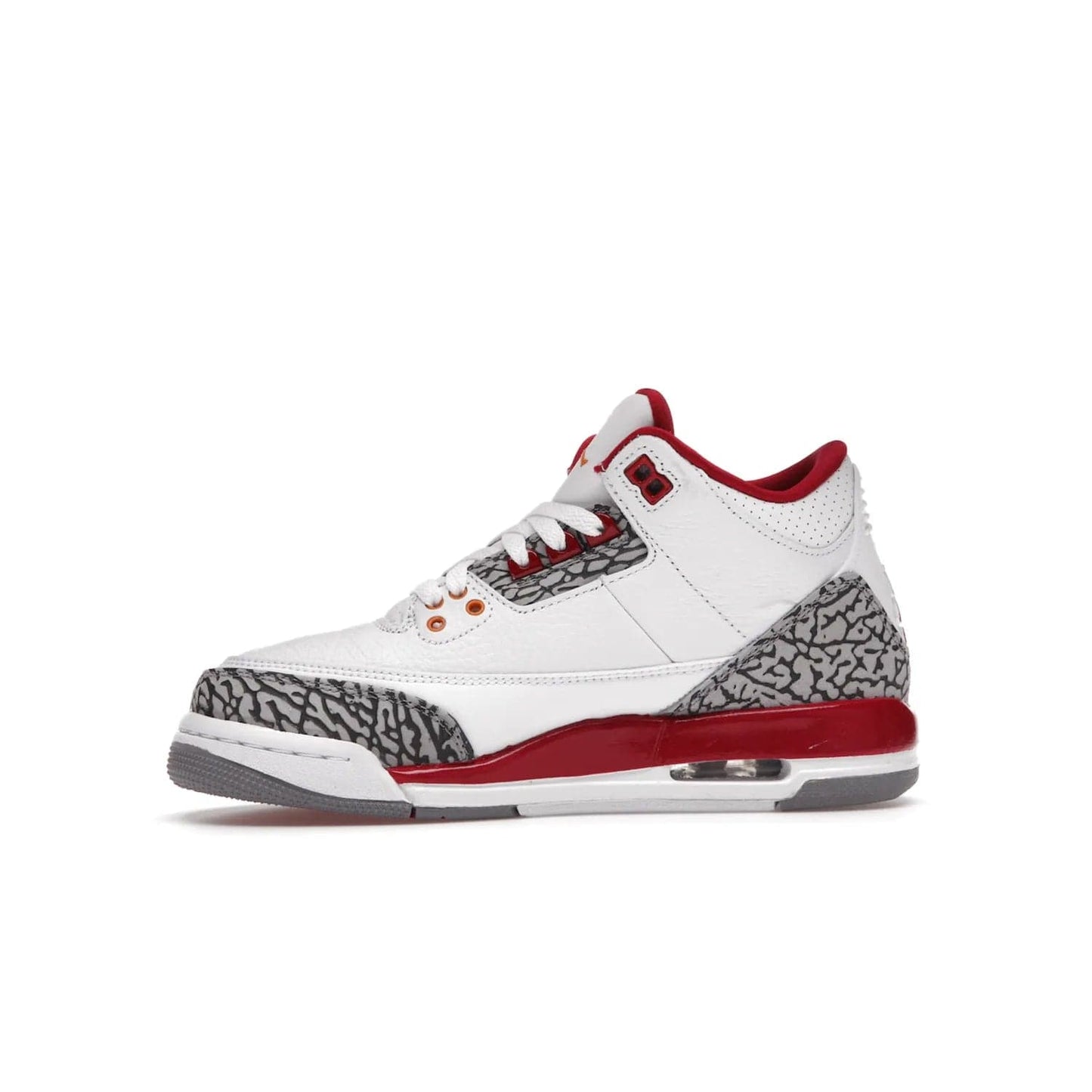 Jordan 3 Retro Cardinal (GS) - Image 18 - Only at www.BallersClubKickz.com - Shop the kid-sized Air Jordan 3 Retro Cardinal GS, released Feb 2022. White tumbled leather upper, light curry accenting, cement grey and classic red details throughout. Visible Air cushioning, midsole, and an eye-catching outsole. Show off your style with this fashionable streetwear silhouette.