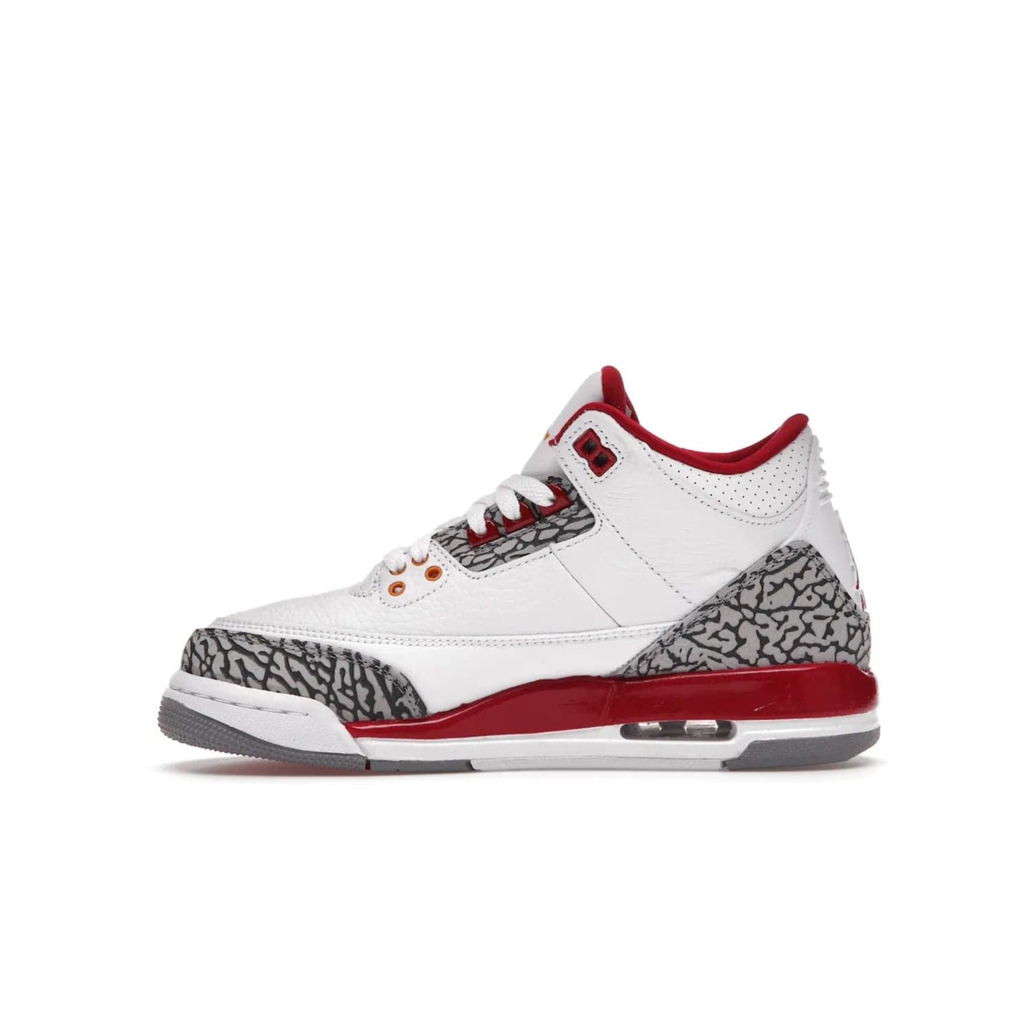 Jordan 3 Retro Cardinal (GS) - Image 19 - Only at www.BallersClubKickz.com - Shop the kid-sized Air Jordan 3 Retro Cardinal GS, released Feb 2022. White tumbled leather upper, light curry accenting, cement grey and classic red details throughout. Visible Air cushioning, midsole, and an eye-catching outsole. Show off your style with this fashionable streetwear silhouette.