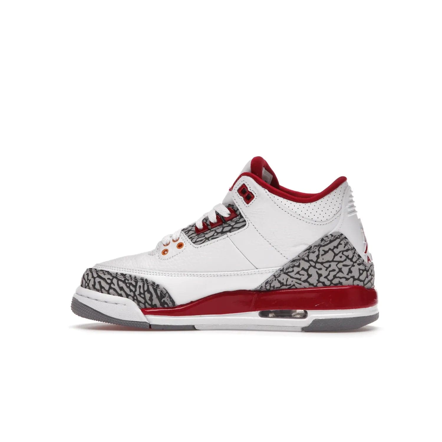 Jordan 3 Retro Cardinal (GS) - Image 20 - Only at www.BallersClubKickz.com - Shop the kid-sized Air Jordan 3 Retro Cardinal GS, released Feb 2022. White tumbled leather upper, light curry accenting, cement grey and classic red details throughout. Visible Air cushioning, midsole, and an eye-catching outsole. Show off your style with this fashionable streetwear silhouette.