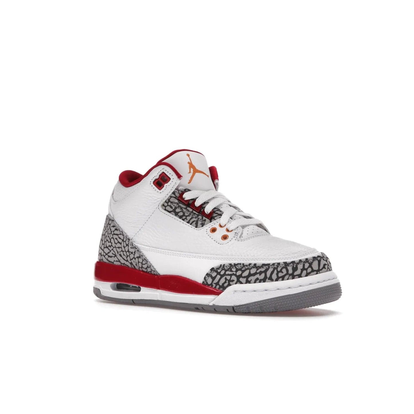 Jordan 3 Retro Cardinal (GS) - Image 5 - Only at www.BallersClubKickz.com - Shop the kid-sized Air Jordan 3 Retro Cardinal GS, released Feb 2022. White tumbled leather upper, light curry accenting, cement grey and classic red details throughout. Visible Air cushioning, midsole, and an eye-catching outsole. Show off your style with this fashionable streetwear silhouette.