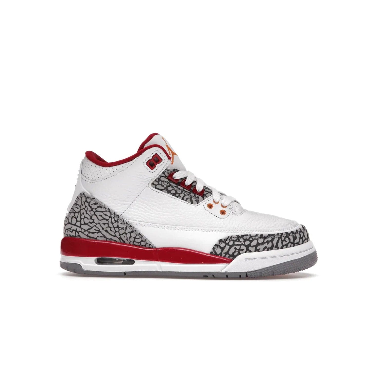 Jordan 3 Retro Cardinal (GS) - Image 2 - Only at www.BallersClubKickz.com - Shop the kid-sized Air Jordan 3 Retro Cardinal GS, released Feb 2022. White tumbled leather upper, light curry accenting, cement grey and classic red details throughout. Visible Air cushioning, midsole, and an eye-catching outsole. Show off your style with this fashionable streetwear silhouette.