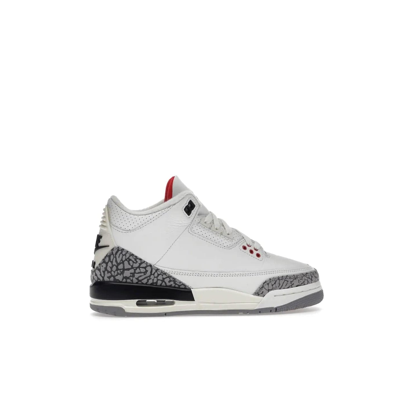 Jordan 3 Retro White Cement Reimagined (GS) - Image 36 - Only at www.BallersClubKickz.com - Grab the perfect blend of modern design and classic style with the Jordan 3 Retro White Cement Reimagined (GS). Features Summit White, Fire Red, Black, and Cement Grey colorway, iconic Jordan logo embroidered on the tongue, and “Nike Air” branding. Limited availability, get your pair before March 11th 2023.