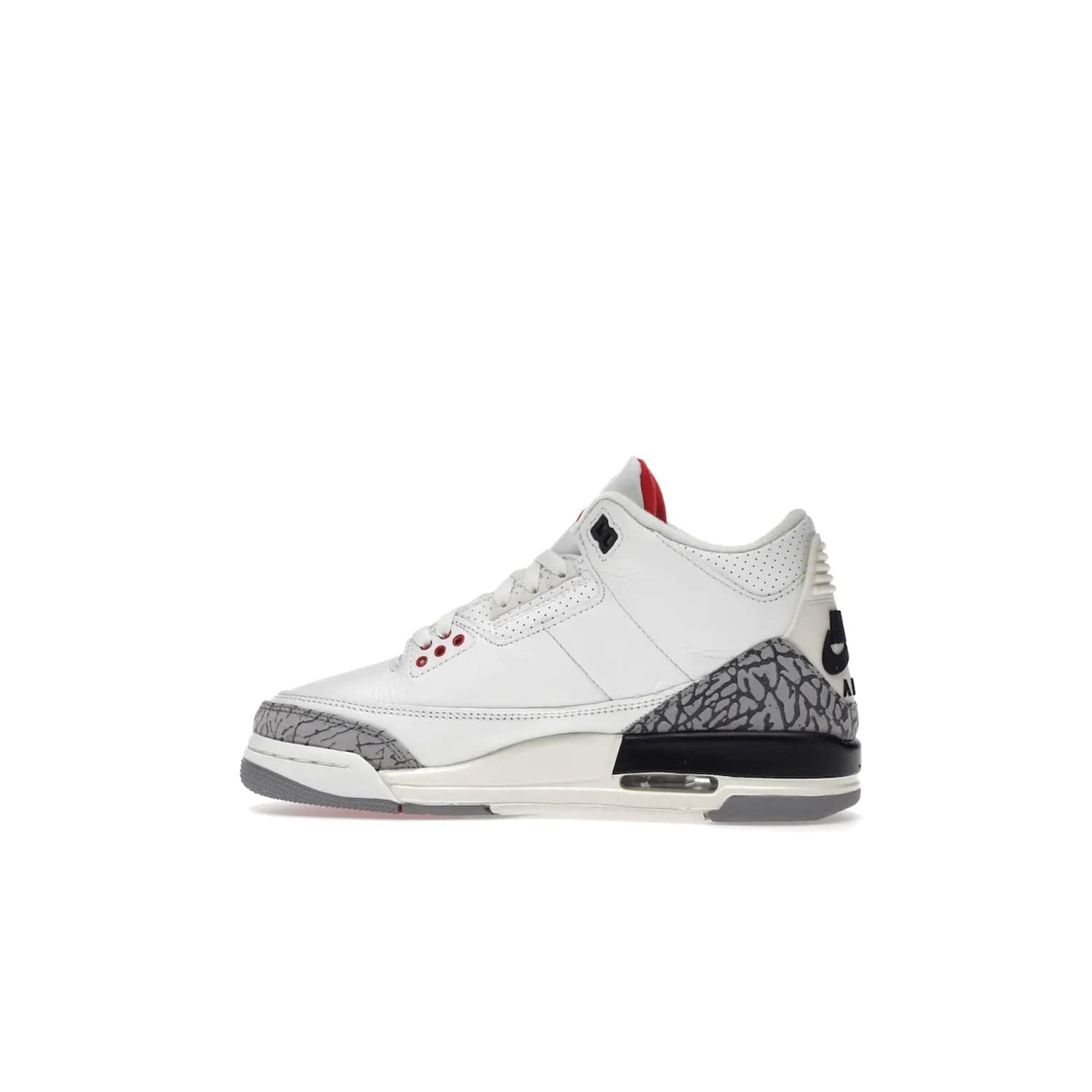 Jordan 3 Retro White Cement Reimagined (GS) - Image 20 - Only at www.BallersClubKickz.com - Grab the perfect blend of modern design and classic style with the Jordan 3 Retro White Cement Reimagined (GS). Features Summit White, Fire Red, Black, and Cement Grey colorway, iconic Jordan logo embroidered on the tongue, and “Nike Air” branding. Limited availability, get your pair before March 11th 2023.