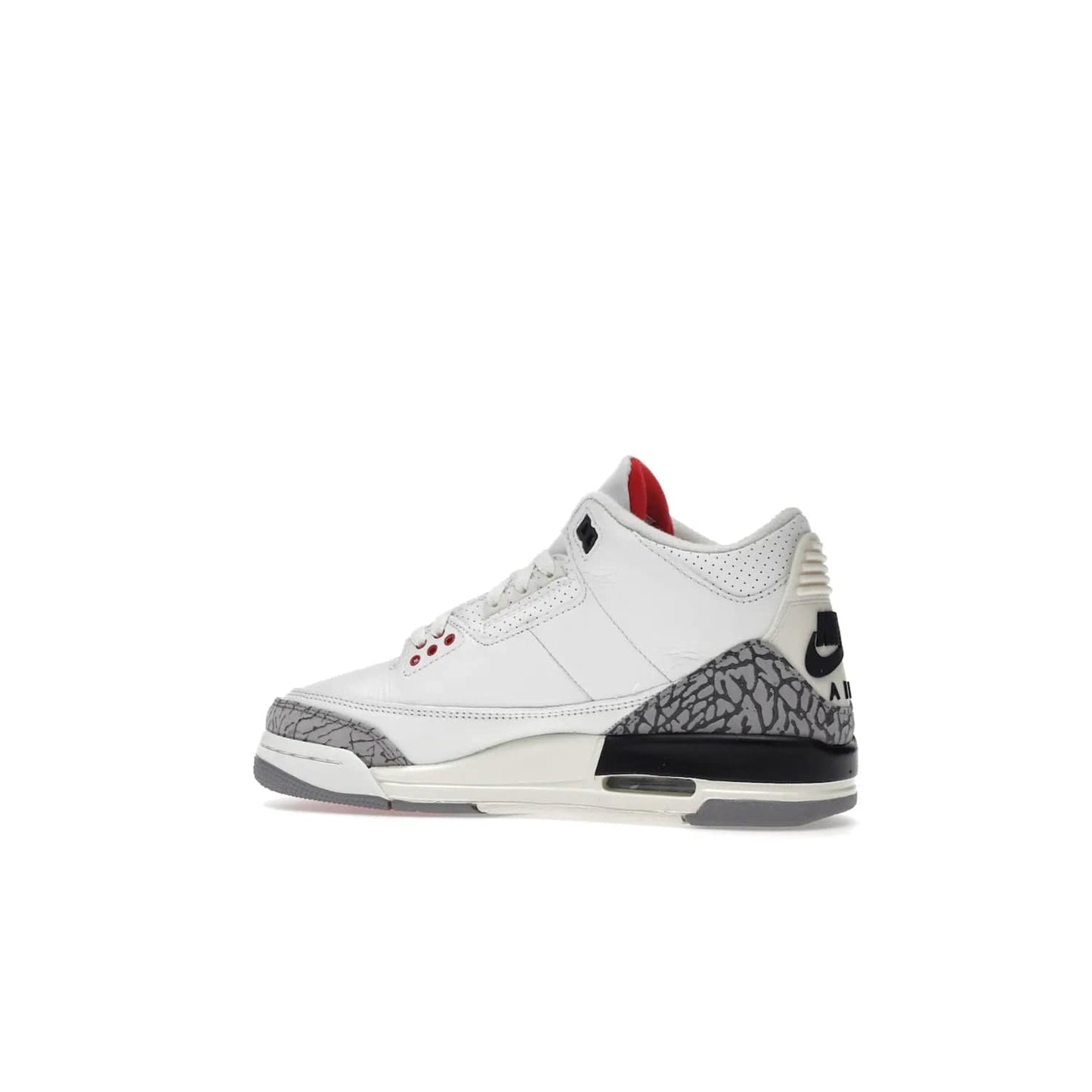 Jordan 3 Retro White Cement Reimagined (GS) - Image 21 - Only at www.BallersClubKickz.com - Grab the perfect blend of modern design and classic style with the Jordan 3 Retro White Cement Reimagined (GS). Features Summit White, Fire Red, Black, and Cement Grey colorway, iconic Jordan logo embroidered on the tongue, and “Nike Air” branding. Limited availability, get your pair before March 11th 2023.