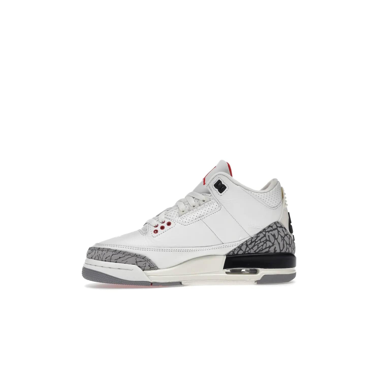 Jordan 3 Retro White Cement Reimagined (GS) - Image 18 - Only at www.BallersClubKickz.com - Grab the perfect blend of modern design and classic style with the Jordan 3 Retro White Cement Reimagined (GS). Features Summit White, Fire Red, Black, and Cement Grey colorway, iconic Jordan logo embroidered on the tongue, and “Nike Air” branding. Limited availability, get your pair before March 11th 2023.