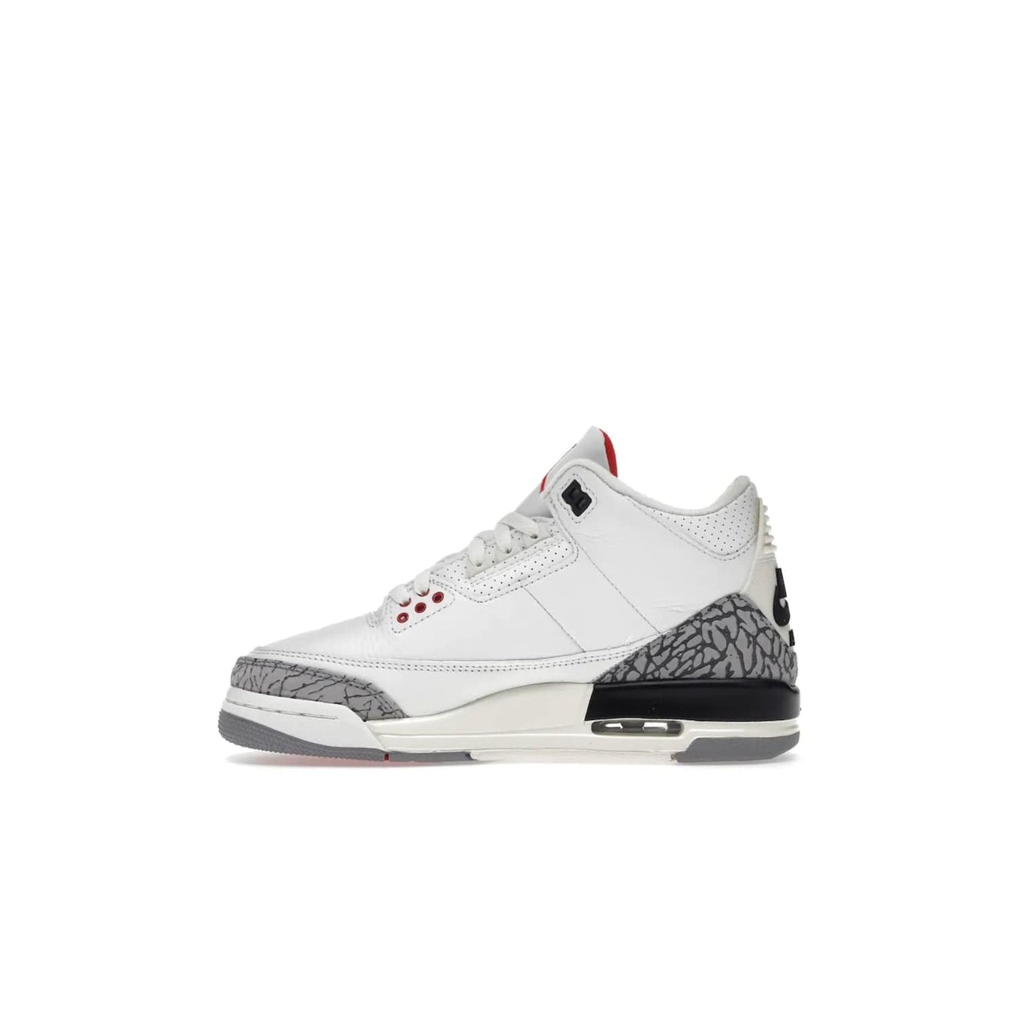 Jordan 3 Retro White Cement Reimagined (GS) - Image 19 - Only at www.BallersClubKickz.com - Grab the perfect blend of modern design and classic style with the Jordan 3 Retro White Cement Reimagined (GS). Features Summit White, Fire Red, Black, and Cement Grey colorway, iconic Jordan logo embroidered on the tongue, and “Nike Air” branding. Limited availability, get your pair before March 11th 2023.