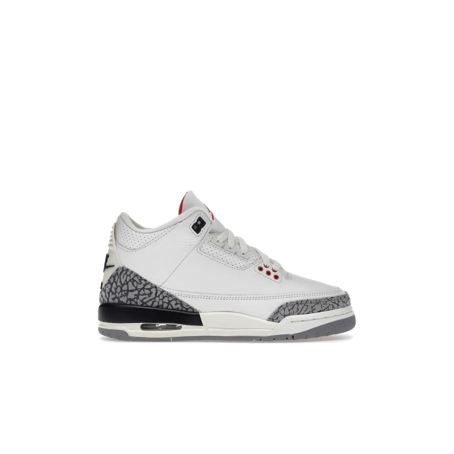Jordan 3 Retro White Cement Reimagined (GS) - Image 1 - Only at www.BallersClubKickz.com - Grab the perfect blend of modern design and classic style with the Jordan 3 Retro White Cement Reimagined (GS). Features Summit White, Fire Red, Black, and Cement Grey colorway, iconic Jordan logo embroidered on the tongue, and “Nike Air” branding. Limited availability, get your pair before March 11th 2023.