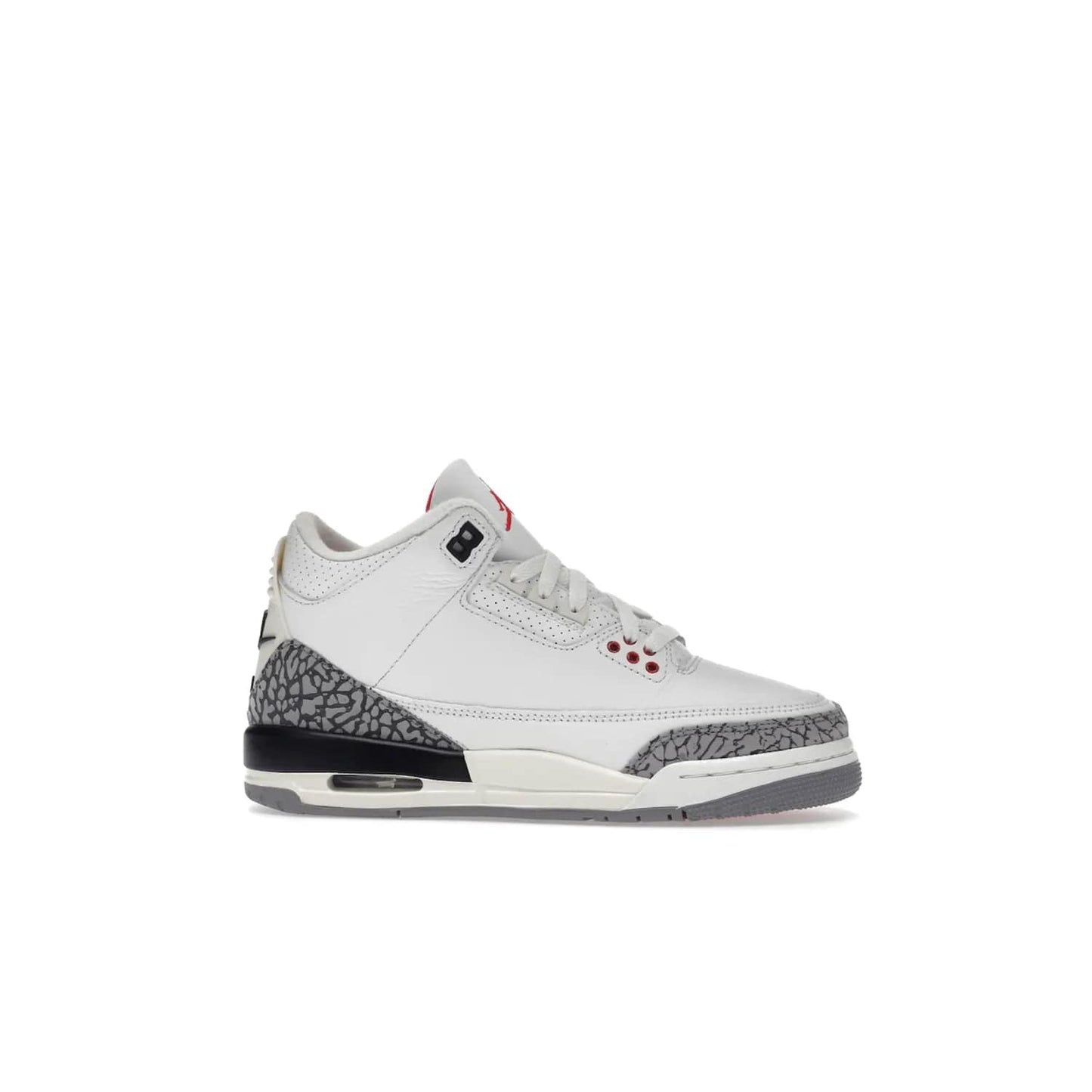 Jordan 3 Retro White Cement Reimagined (GS) - Image 2 - Only at www.BallersClubKickz.com - Grab the perfect blend of modern design and classic style with the Jordan 3 Retro White Cement Reimagined (GS). Features Summit White, Fire Red, Black, and Cement Grey colorway, iconic Jordan logo embroidered on the tongue, and “Nike Air” branding. Limited availability, get your pair before March 11th 2023.