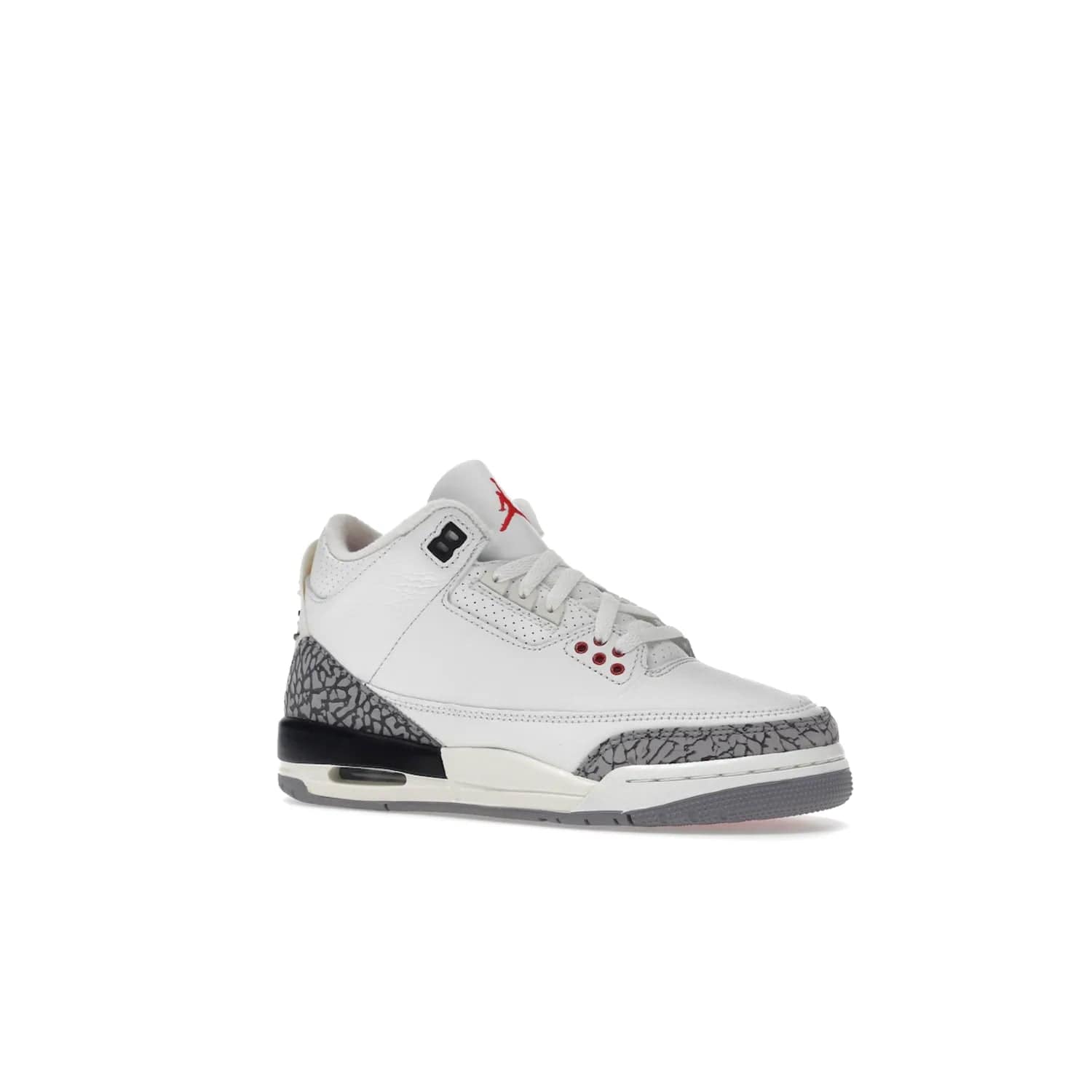 Jordan 3 Retro White Cement Reimagined (GS) - Image 4 - Only at www.BallersClubKickz.com - Grab the perfect blend of modern design and classic style with the Jordan 3 Retro White Cement Reimagined (GS). Features Summit White, Fire Red, Black, and Cement Grey colorway, iconic Jordan logo embroidered on the tongue, and “Nike Air” branding. Limited availability, get your pair before March 11th 2023.