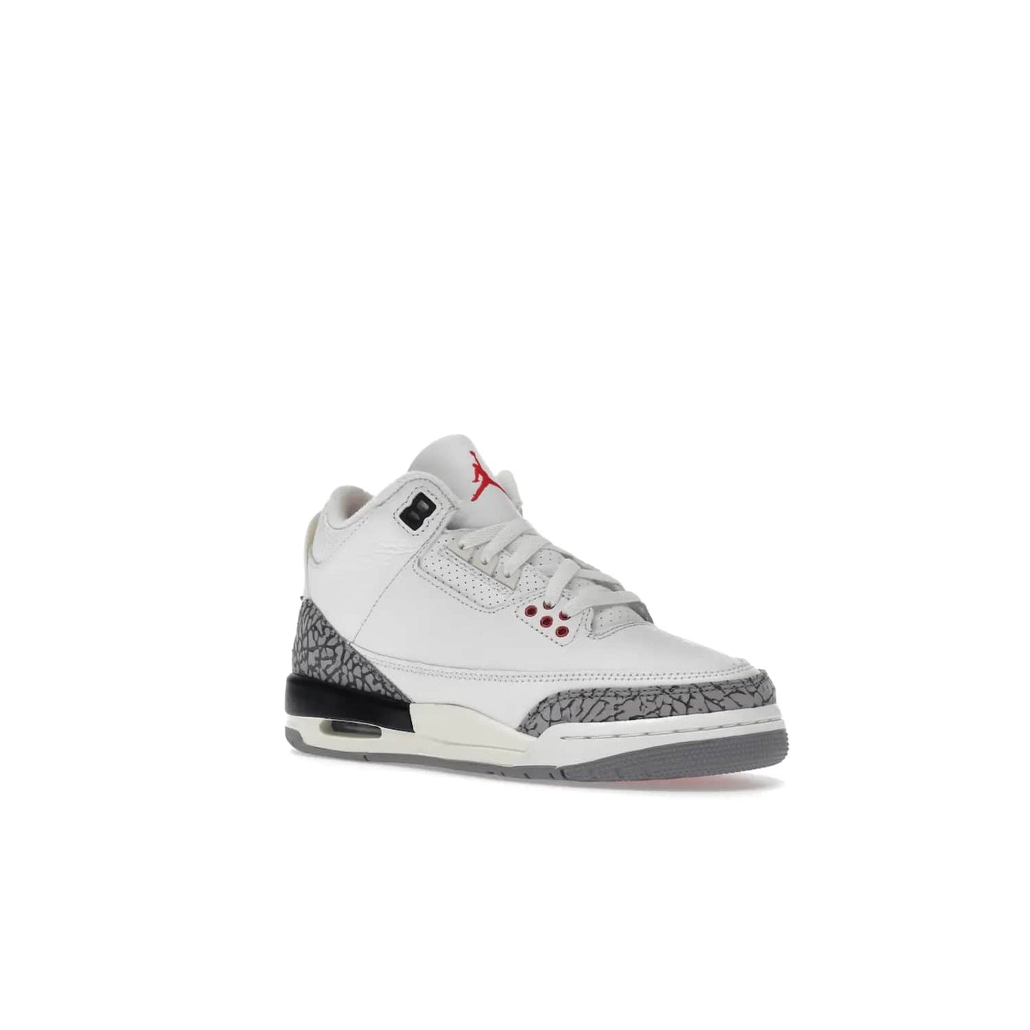 Jordan 3 Retro White Cement Reimagined (GS) - Image 5 - Only at www.BallersClubKickz.com - Grab the perfect blend of modern design and classic style with the Jordan 3 Retro White Cement Reimagined (GS). Features Summit White, Fire Red, Black, and Cement Grey colorway, iconic Jordan logo embroidered on the tongue, and “Nike Air” branding. Limited availability, get your pair before March 11th 2023.