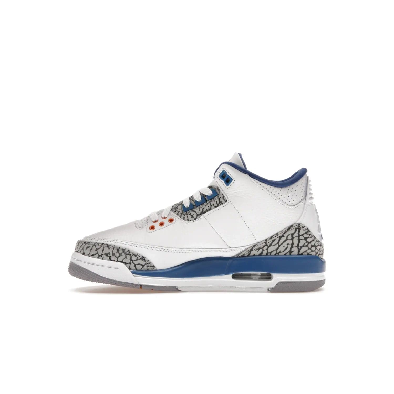 Jordan 3 Retro Wizards (GS) - Image 19 - Only at www.BallersClubKickz.com - Iconic Jordan 3 Retro Wizards (GS) with marble-like upper, metallic copper, true blue & grey detailing. Signature Air cushioning & advanced traction on & off court. Classic style & premium comfort.