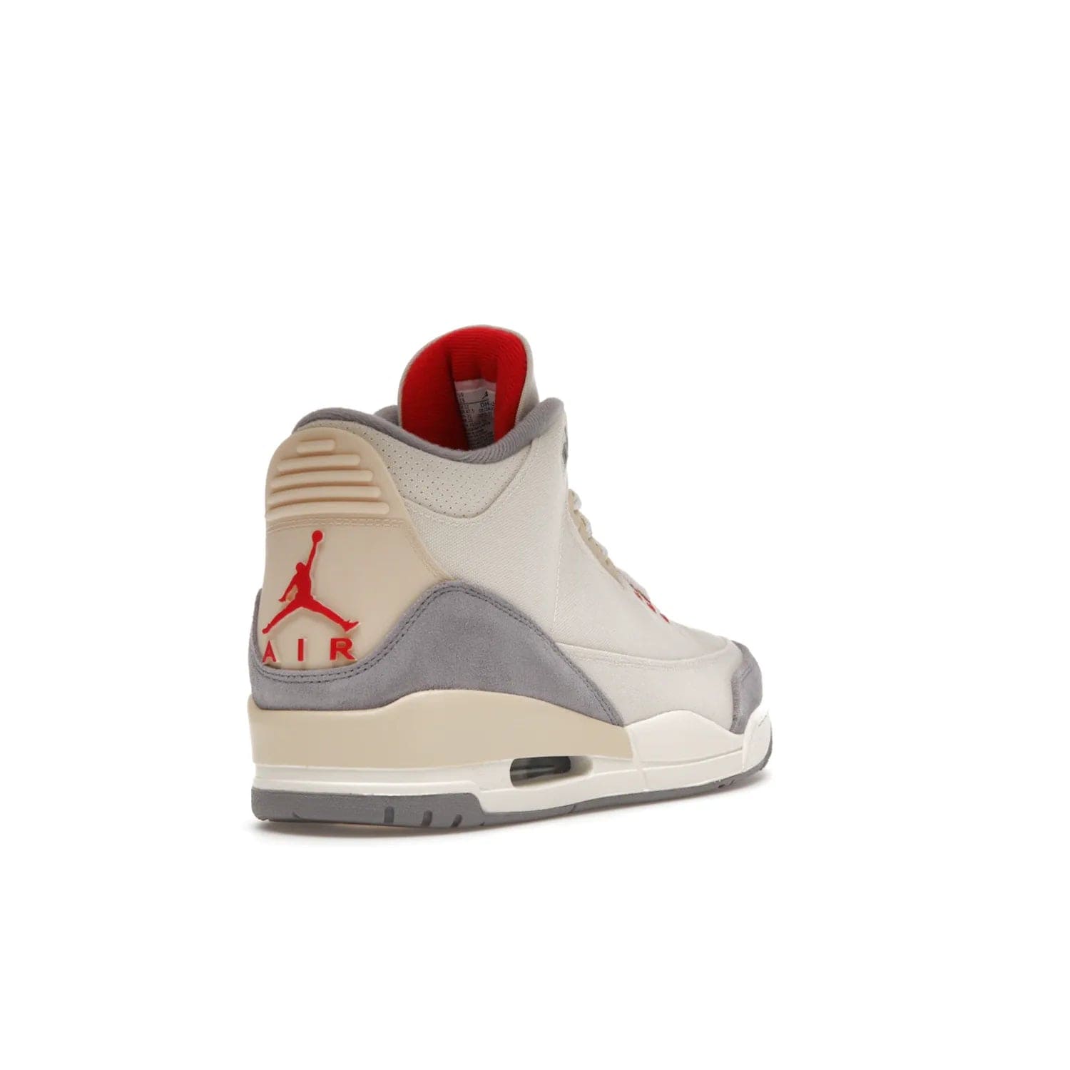 Jordan 3 Retro Muslin - Image 31 - Only at www.BallersClubKickz.com - Eye-catching Air Jordan 3 Retro Muslin in a neutral palette of grey, cream, and red. Featuring canvas upper, suede overlays and white/grey Air Max sole. Available in March 2022.