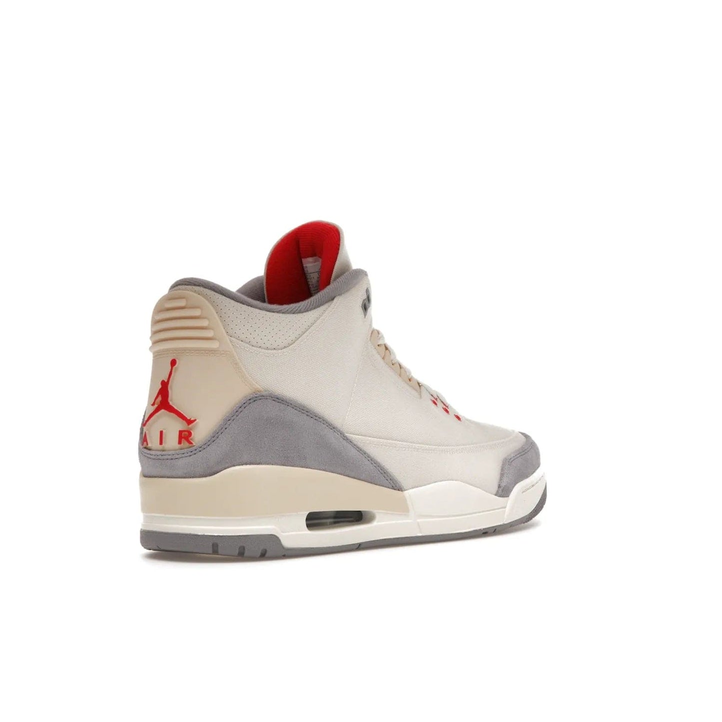 Jordan 3 Retro Muslin - Image 32 - Only at www.BallersClubKickz.com - Eye-catching Air Jordan 3 Retro Muslin in a neutral palette of grey, cream, and red. Featuring canvas upper, suede overlays and white/grey Air Max sole. Available in March 2022.