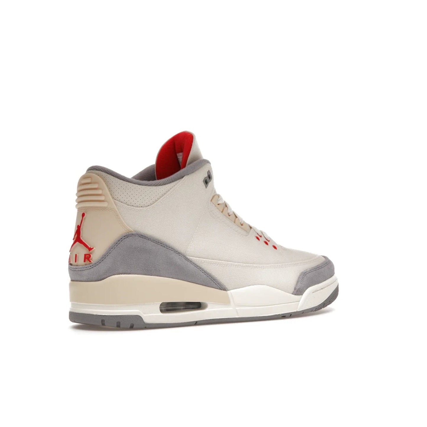 Jordan 3 Retro Muslin - Image 33 - Only at www.BallersClubKickz.com - Eye-catching Air Jordan 3 Retro Muslin in a neutral palette of grey, cream, and red. Featuring canvas upper, suede overlays and white/grey Air Max sole. Available in March 2022.