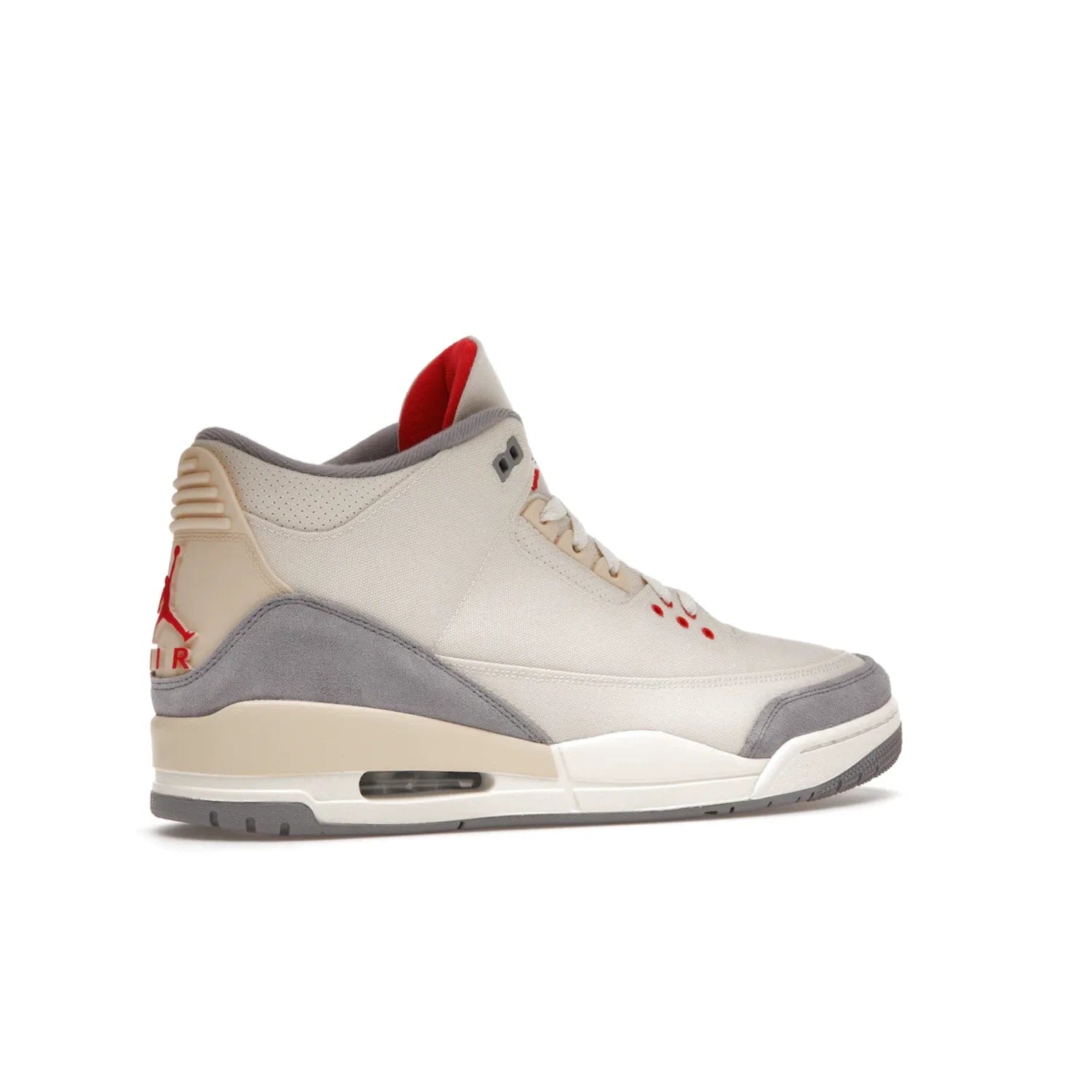 Jordan 3 Retro Muslin - Image 34 - Only at www.BallersClubKickz.com - Eye-catching Air Jordan 3 Retro Muslin in a neutral palette of grey, cream, and red. Featuring canvas upper, suede overlays and white/grey Air Max sole. Available in March 2022.