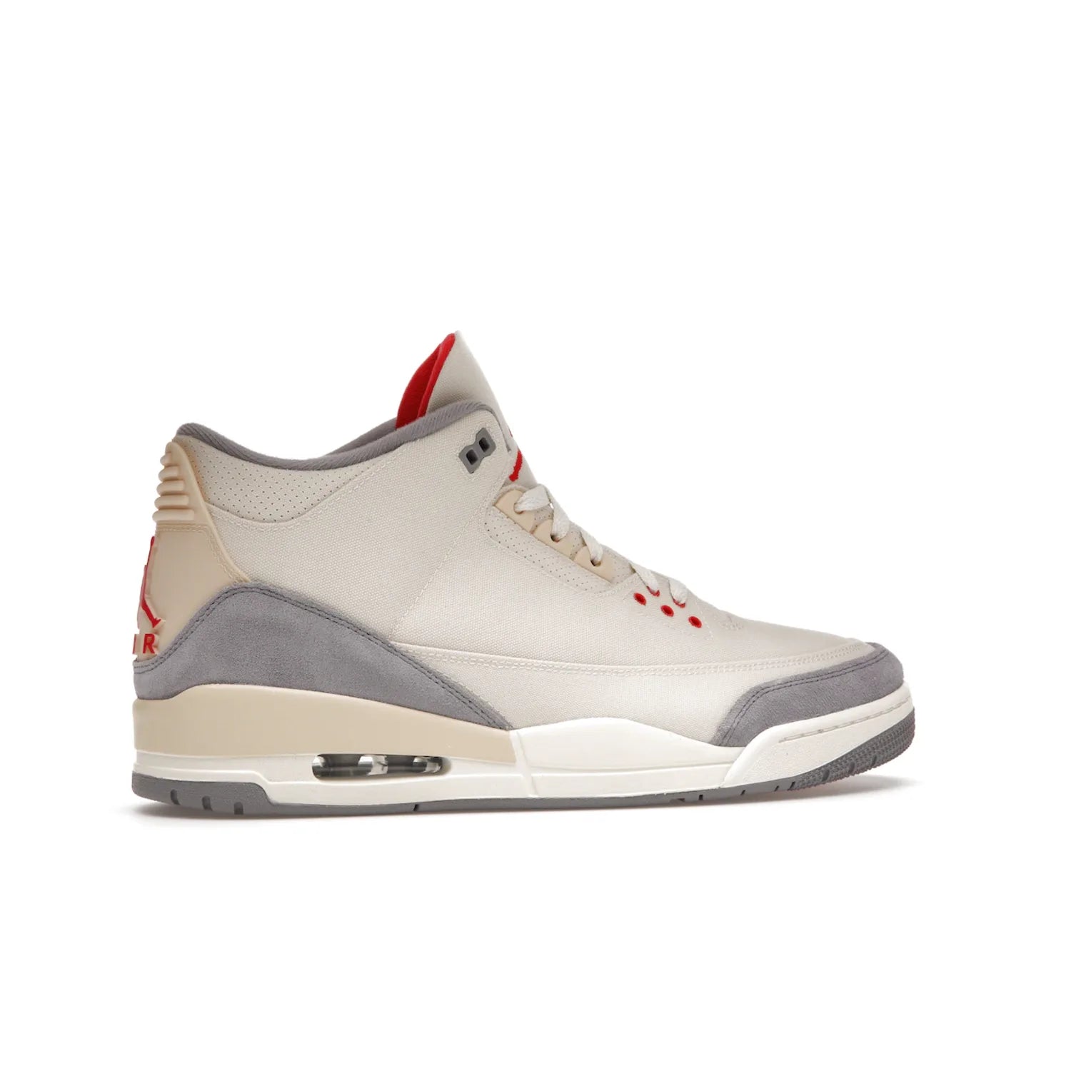 Jordan 3 Retro Muslin - Image 35 - Only at www.BallersClubKickz.com - Eye-catching Air Jordan 3 Retro Muslin in a neutral palette of grey, cream, and red. Featuring canvas upper, suede overlays and white/grey Air Max sole. Available in March 2022.
