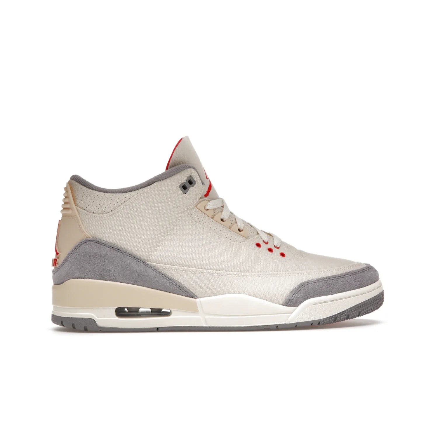Jordan 3 Retro Muslin - Image 36 - Only at www.BallersClubKickz.com - Eye-catching Air Jordan 3 Retro Muslin in a neutral palette of grey, cream, and red. Featuring canvas upper, suede overlays and white/grey Air Max sole. Available in March 2022.