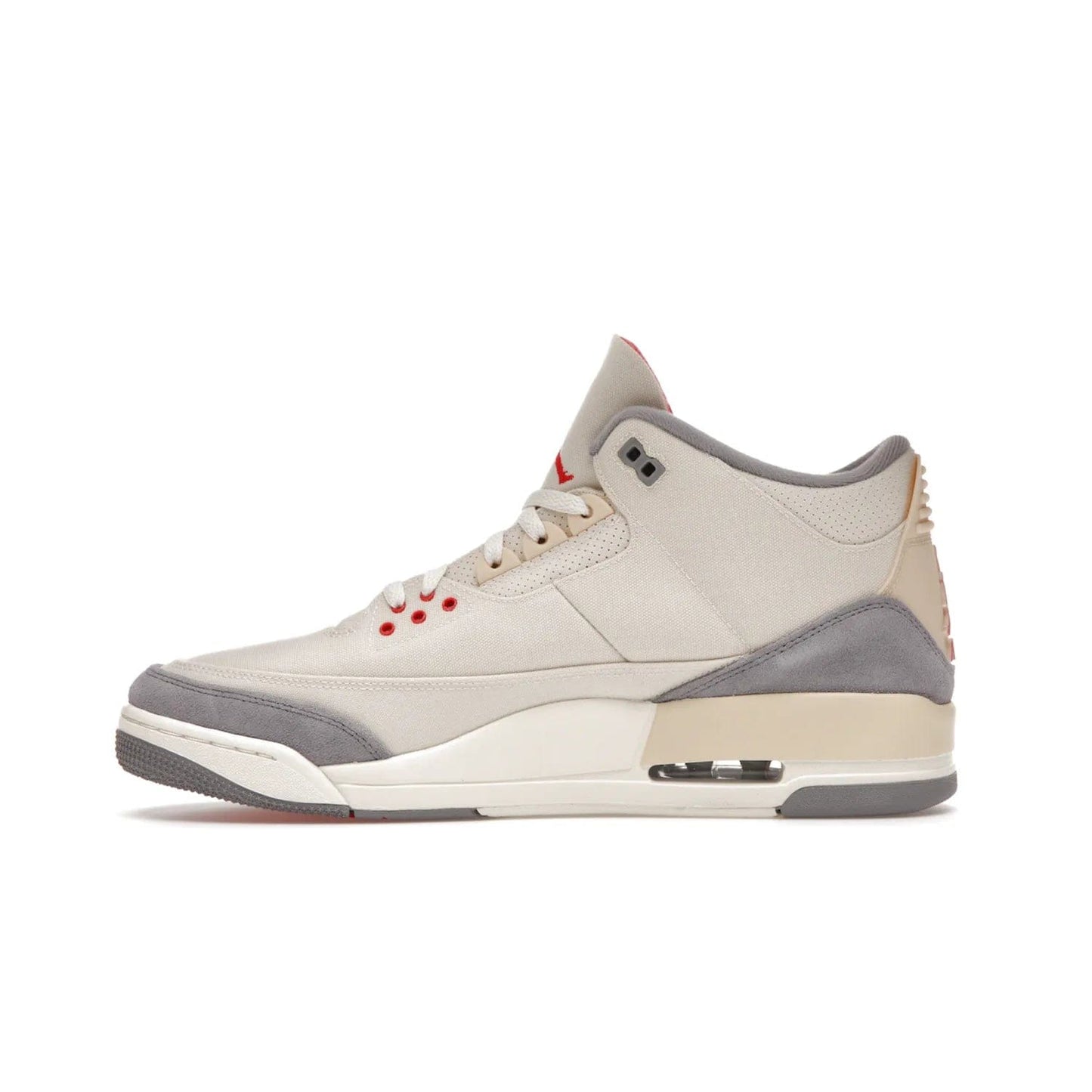 Jordan 3 Retro Muslin - Image 19 - Only at www.BallersClubKickz.com - Eye-catching Air Jordan 3 Retro Muslin in a neutral palette of grey, cream, and red. Featuring canvas upper, suede overlays and white/grey Air Max sole. Available in March 2022.