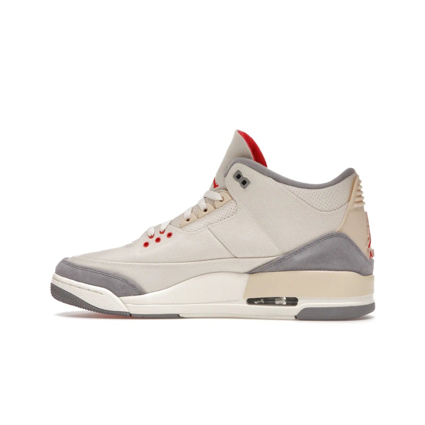 Jordan 3 Retro Muslin - Image 20 - Only at www.BallersClubKickz.com - Eye-catching Air Jordan 3 Retro Muslin in a neutral palette of grey, cream, and red. Featuring canvas upper, suede overlays and white/grey Air Max sole. Available in March 2022.