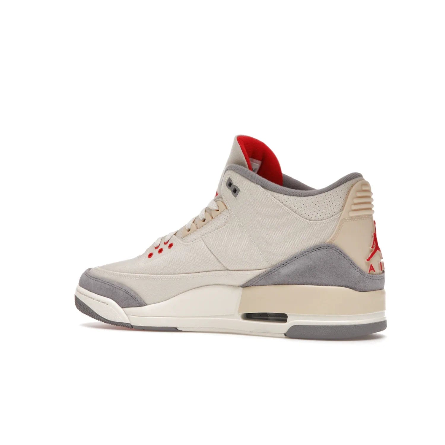 Jordan 3 Retro Muslin - Image 22 - Only at www.BallersClubKickz.com - Eye-catching Air Jordan 3 Retro Muslin in a neutral palette of grey, cream, and red. Featuring canvas upper, suede overlays and white/grey Air Max sole. Available in March 2022.