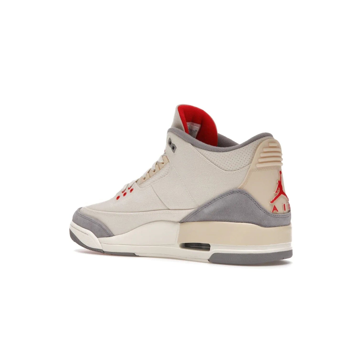 Jordan 3 Retro Muslin - Image 23 - Only at www.BallersClubKickz.com - Eye-catching Air Jordan 3 Retro Muslin in a neutral palette of grey, cream, and red. Featuring canvas upper, suede overlays and white/grey Air Max sole. Available in March 2022.