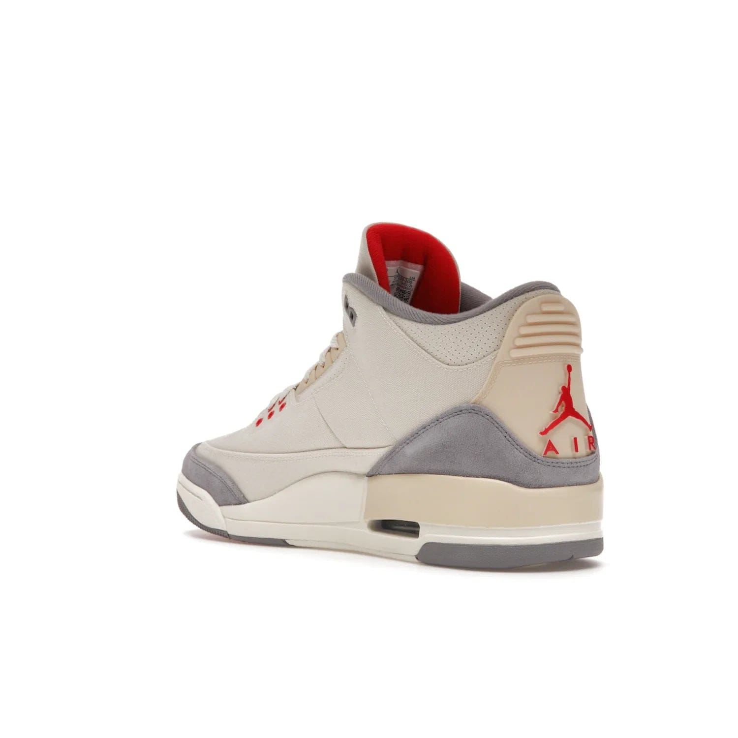 Jordan 3 Retro Muslin - Image 24 - Only at www.BallersClubKickz.com - Eye-catching Air Jordan 3 Retro Muslin in a neutral palette of grey, cream, and red. Featuring canvas upper, suede overlays and white/grey Air Max sole. Available in March 2022.