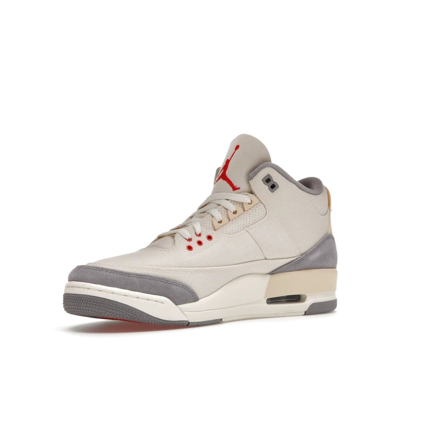 Jordan 3 Retro Muslin - Image 15 - Only at www.BallersClubKickz.com - Eye-catching Air Jordan 3 Retro Muslin in a neutral palette of grey, cream, and red. Featuring canvas upper, suede overlays and white/grey Air Max sole. Available in March 2022.