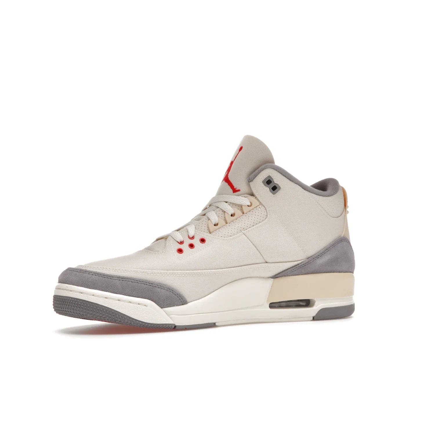 Jordan 3 Retro Muslin - Image 16 - Only at www.BallersClubKickz.com - Eye-catching Air Jordan 3 Retro Muslin in a neutral palette of grey, cream, and red. Featuring canvas upper, suede overlays and white/grey Air Max sole. Available in March 2022.