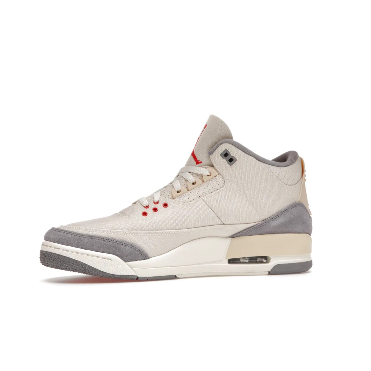 Jordan 3 Retro Muslin - Image 17 - Only at www.BallersClubKickz.com - Eye-catching Air Jordan 3 Retro Muslin in a neutral palette of grey, cream, and red. Featuring canvas upper, suede overlays and white/grey Air Max sole. Available in March 2022.
