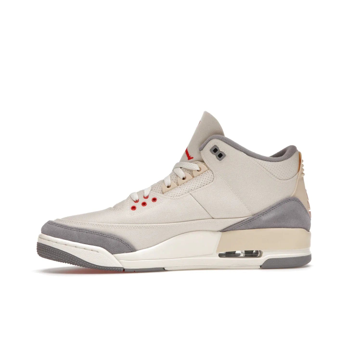 Jordan 3 Retro Muslin - Image 18 - Only at www.BallersClubKickz.com - Eye-catching Air Jordan 3 Retro Muslin in a neutral palette of grey, cream, and red. Featuring canvas upper, suede overlays and white/grey Air Max sole. Available in March 2022.